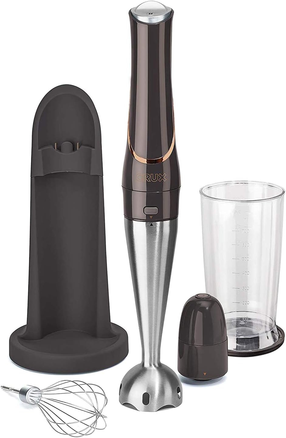 Crux Cordless Hand Immersion Blender, 7.5 inch Blending Arm, Mix, Whip, Puree Sauces/Soups, Rechargeable, Easy to Clean, Dishwasher Safe Removeable Parts, Stainless Steel/Black, 14790