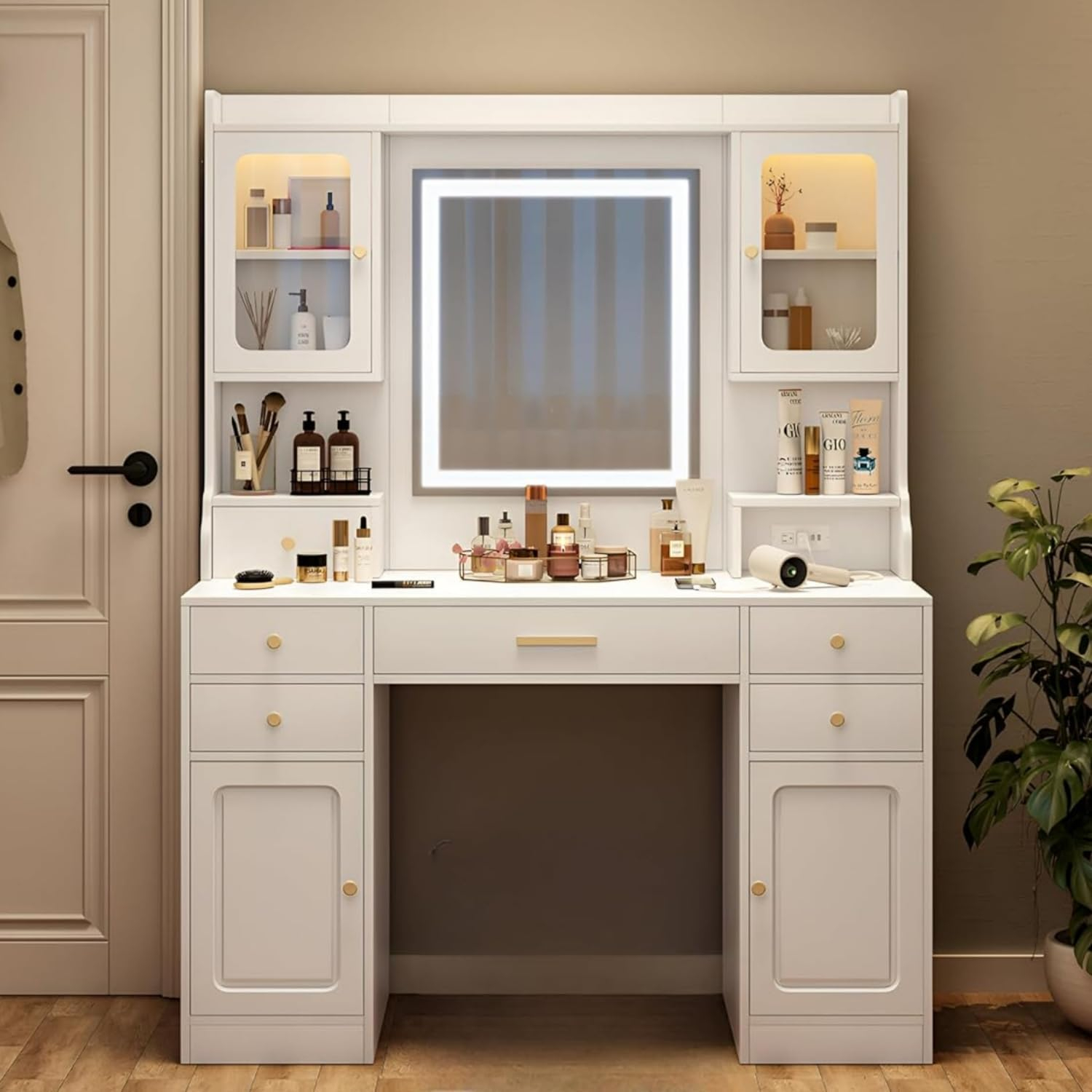 Makeup Vanity Desk with Mirror and Lights, Large Vanity Table Set with 6 Drawers & 2 Storage Cabinet & Shelves with Doors, with Charging Station, 3 Lighting Modes Brightness Adjustable