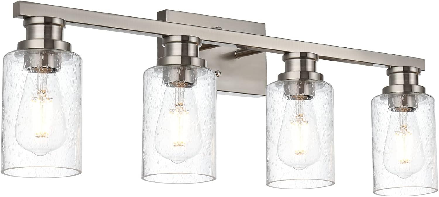 Melucee Brushed Nickel Industrial Bathroom Vanity Light Fixtures Over Mirror Seeded Glass 4 Lights Vintage Vanity Lights Farmhouse Bath Lighting