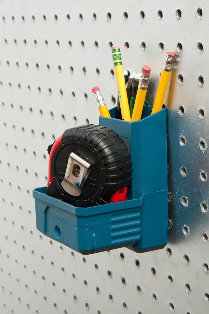 Compact Blue Pegboard Tape Measure & Pencil Organizer with Built-in Sharpener
