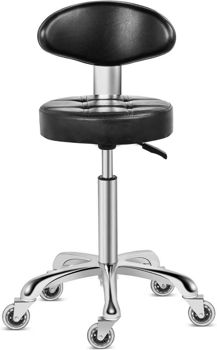 Kaleurrier Rolling Stool Salon Chair with Smooth-Rolling Wheels 360-degree Swivel Seat Heavy Duty Hydraulic Height Adjustable High Barber Cutting Stools (Black, with Backrest)