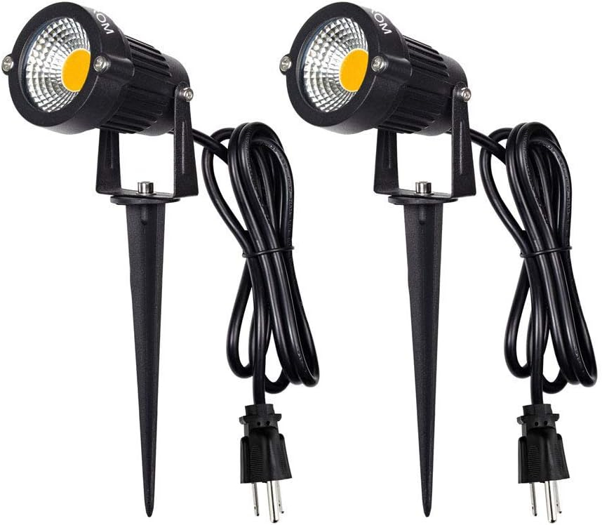 Landscape Outdoor,IP65 Waterproof Garden Spotlights,5W AC 120V Yard Flood Light,Metal Ground Stake Lawn,3200K LED Spotlight with 1.5M UL-Listed Cord and 3-Plug (2 Packs)