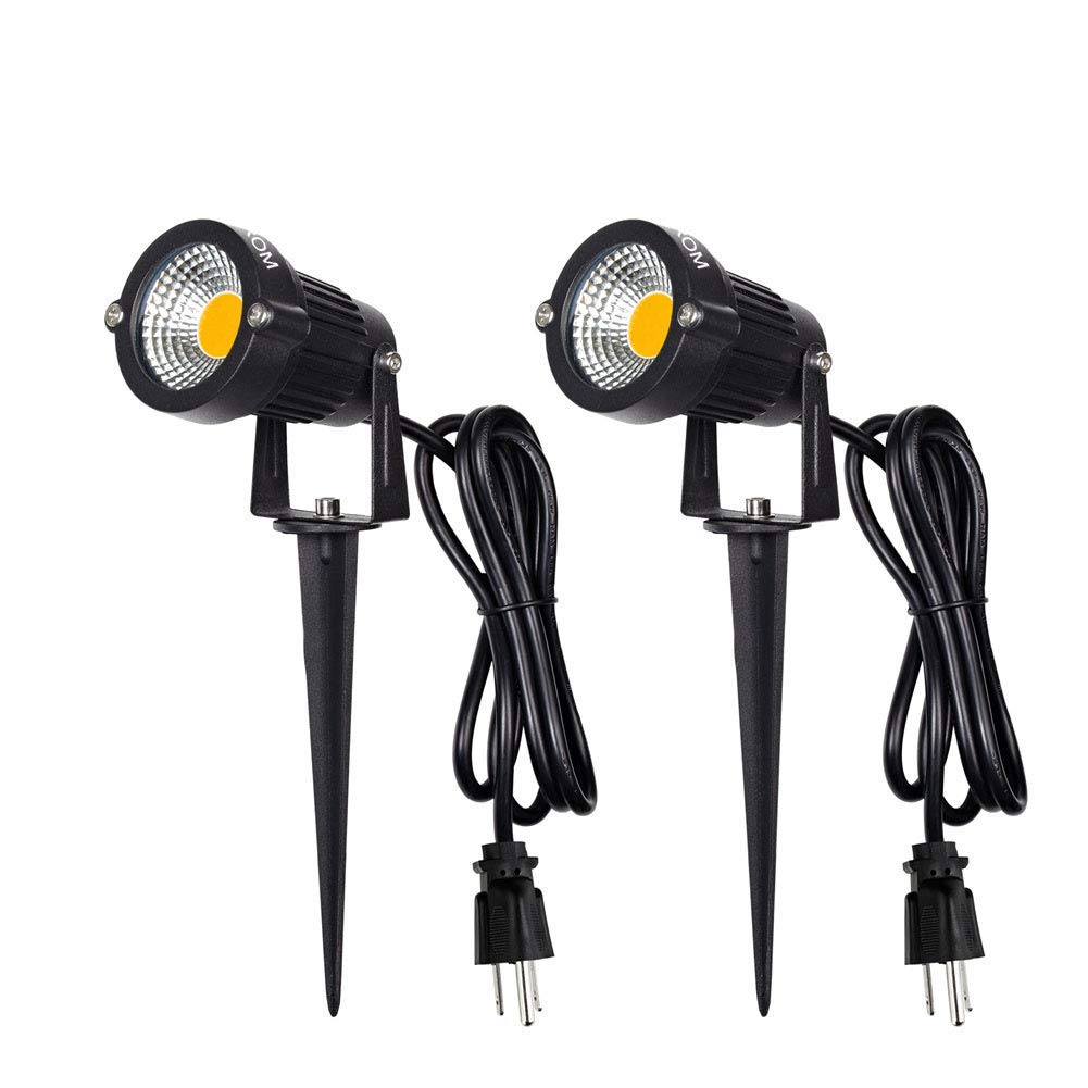 Landscape Outdoor,IP65 Waterproof Garden Spotlights,5W AC 120V Yard Flood Light,Metal Ground Stake Lawn,3200K LED Spotlight with 1.5M UL-Listed Cord and 3-Plug (2 Packs)