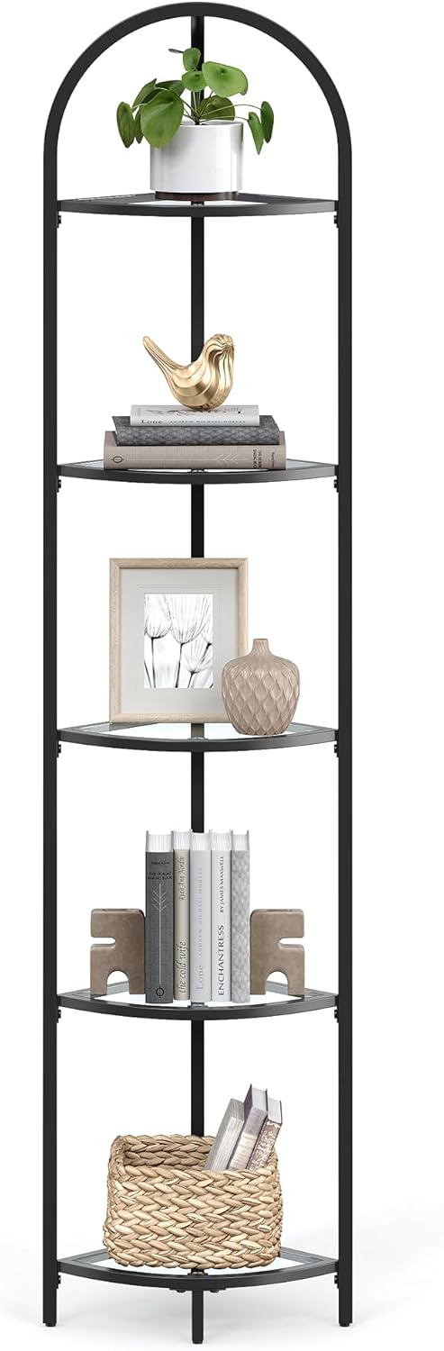 HOOBRO 5-Tier Corner Shelf Stand, Black Corner Bookshelf, Tempered Glass Shelves, Bathroom Organizer, Corner Plant Stand, for Living Room, Study, Balcony, Home Office, Modern Style, Black BK15CJ01