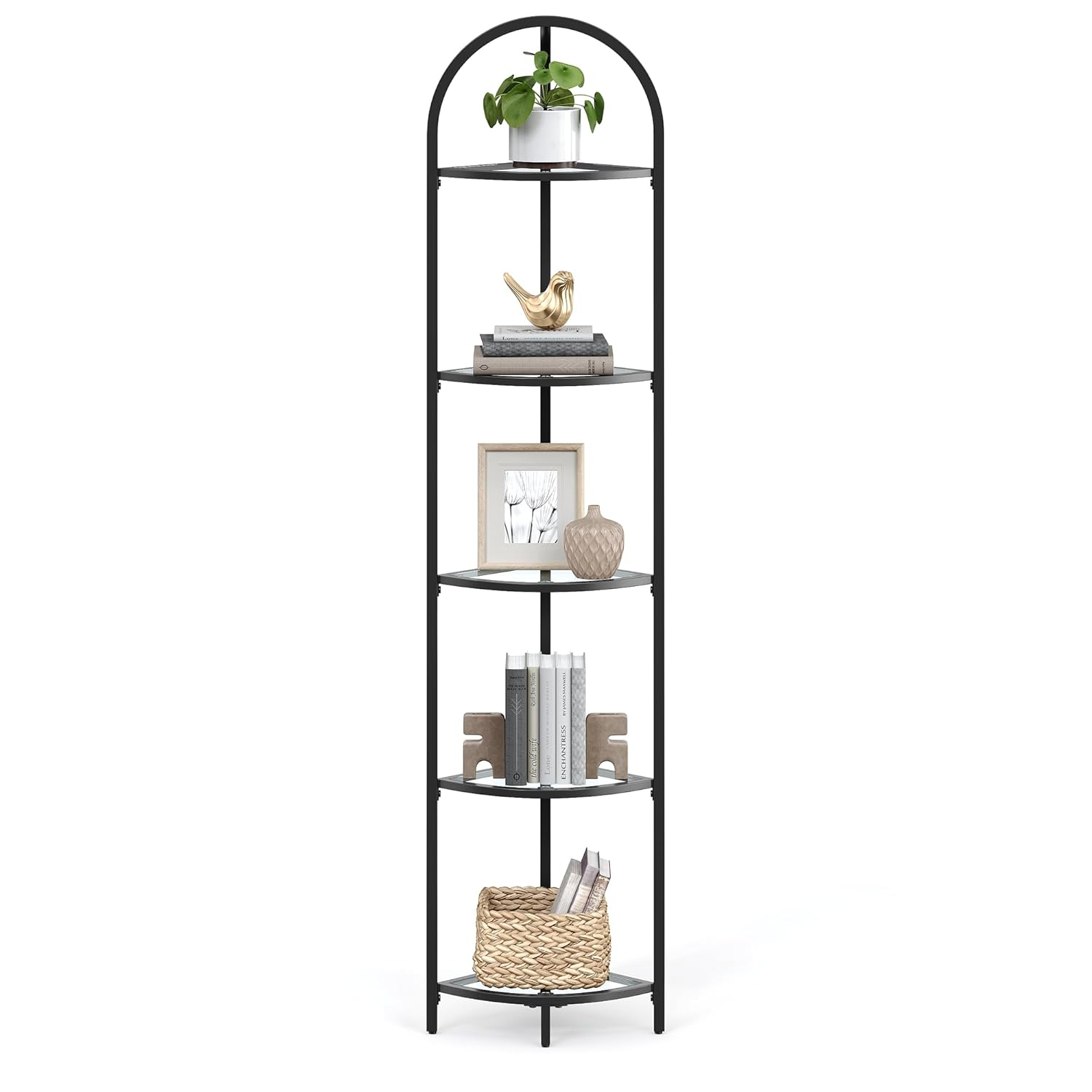 HOOBRO 5-Tier Corner Shelf Stand, Black Corner Bookshelf, Tempered Glass Shelves, Bathroom Organizer, Corner Plant Stand, for Living Room, Study, Balcony, Home Office, Modern Style, Black BK15CJ01