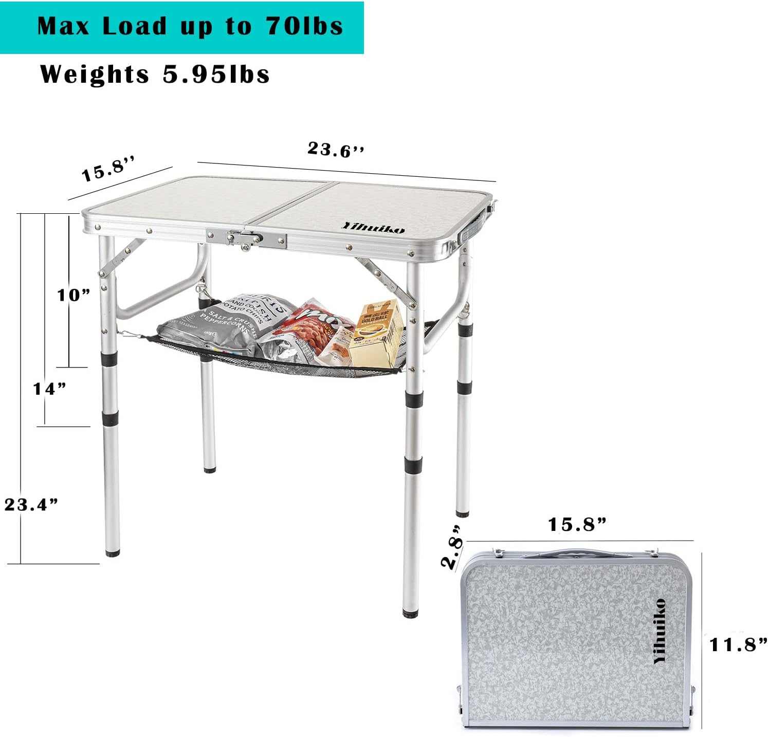 Adjustable Height Camping Table with Mesh Layer, 23.6" x 15.7" Portable Folding Camp Tables with Aluminum Legs for Outdoor Camp, Picnic, Beach, Backyard, Tailgate Cooking, 3 Heights…
