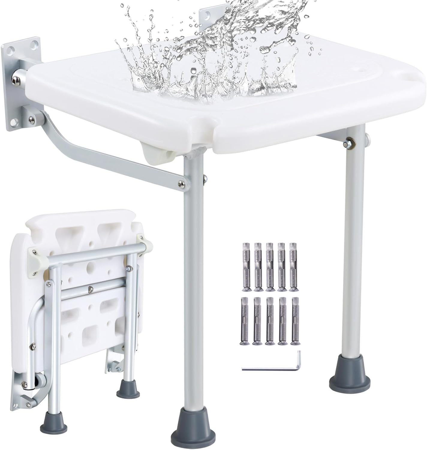 VEVOR Folding PE Shower Seat, 15.7'' x 14.8'' Unfolded, Wall Mounted Fold Up Shower Bench with 500 lbs Load Capacity, Space Saving Fold Down Shower Chair for Seniors Pregnant Women Children Adults