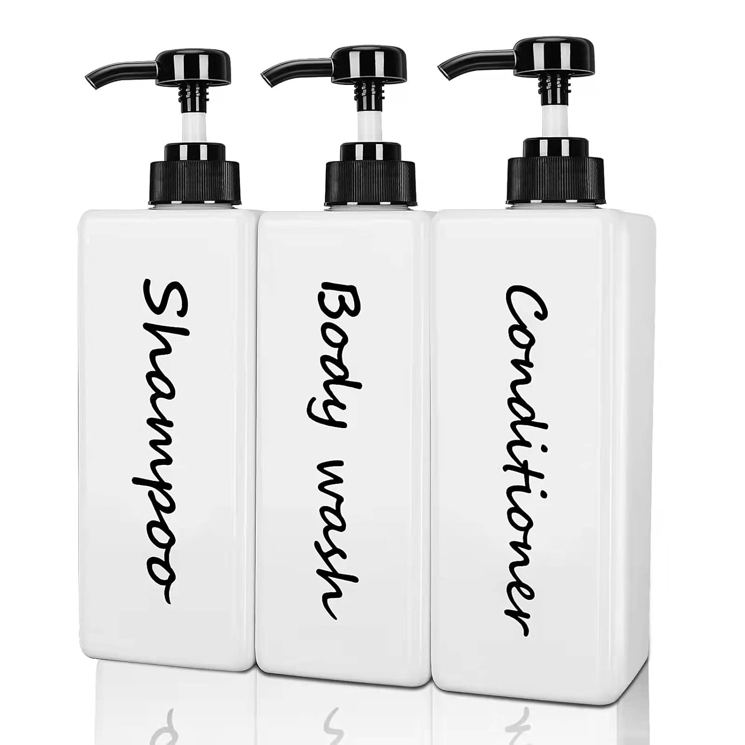 Shampoo and Conditioner Dispenser (Set of 3, 21oz) Modern Refillable Shampoo Pump Bottles for Shower Soap - Empty Body Wash Dispenser Set for Bathroom