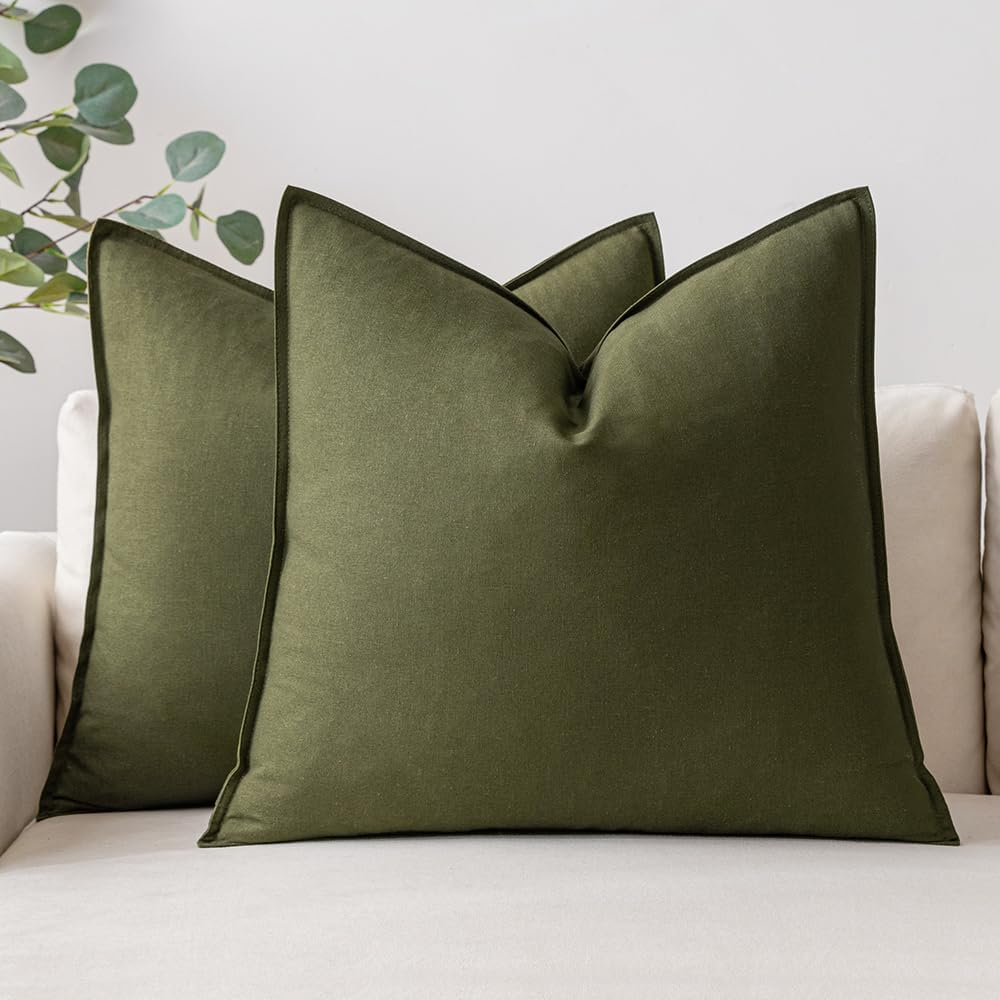 MIULEE Pack of 2 Decorative Linen Pillow Covers 18x18 Inch Olive Green Farmhouse Soild Neutral Throw Pillow Covers Soft Accent Decorative Pillowcases Home Decors for Couch Sofa Bed Living Room