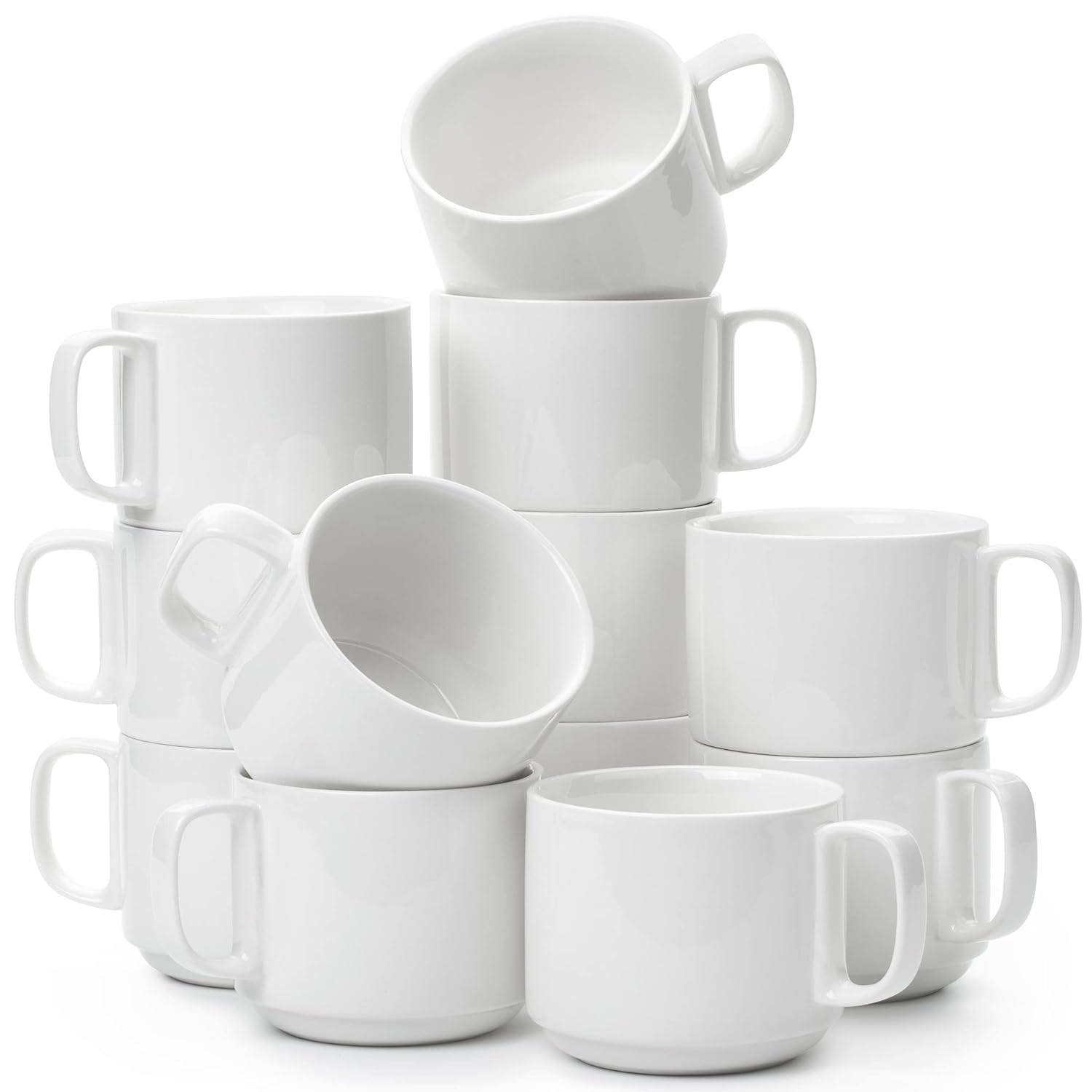 BTaT- Porcelain Stackable Coffee Mugs, 12 Pack, 12 oz, White, Ceramic Coffee Cups, Dishwasher and Microwave Safe