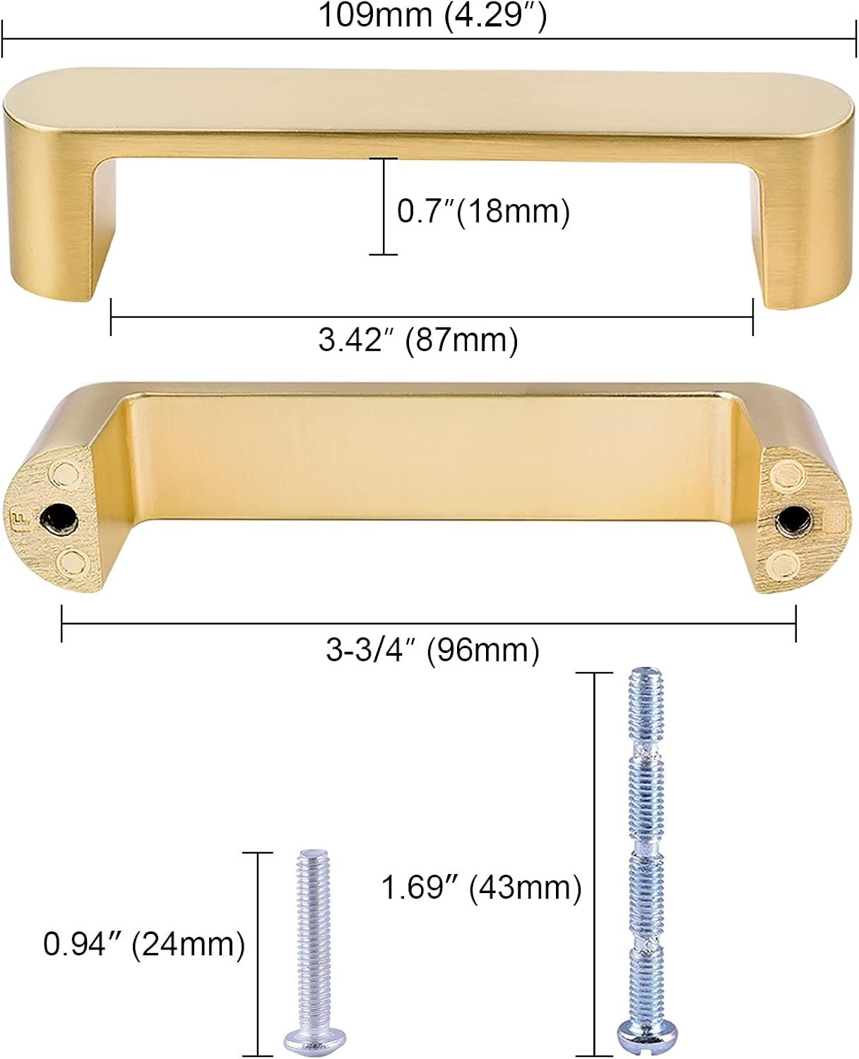 2 Pack Brushed Brass Cabinet Handles, 3-3/4" Hole Centers Drawer Pulls Solid Zinc Alloy Cabinet Pulls Furniture Kitchen Cupboard Hardware