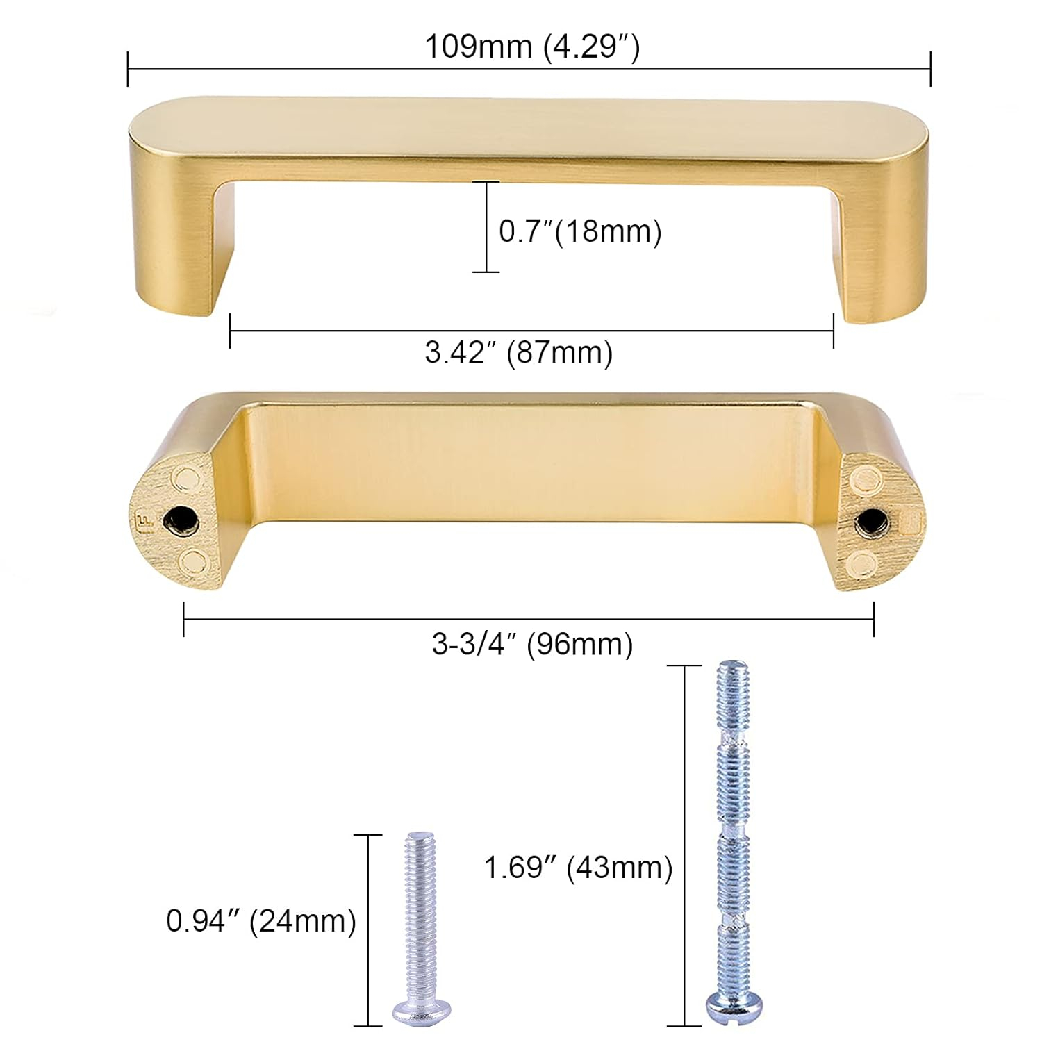 2 Pack Brushed Brass Cabinet Handles, 3-3/4" Hole Centers Drawer Pulls Solid Zinc Alloy Cabinet Pulls Furniture Kitchen Cupboard Hardware