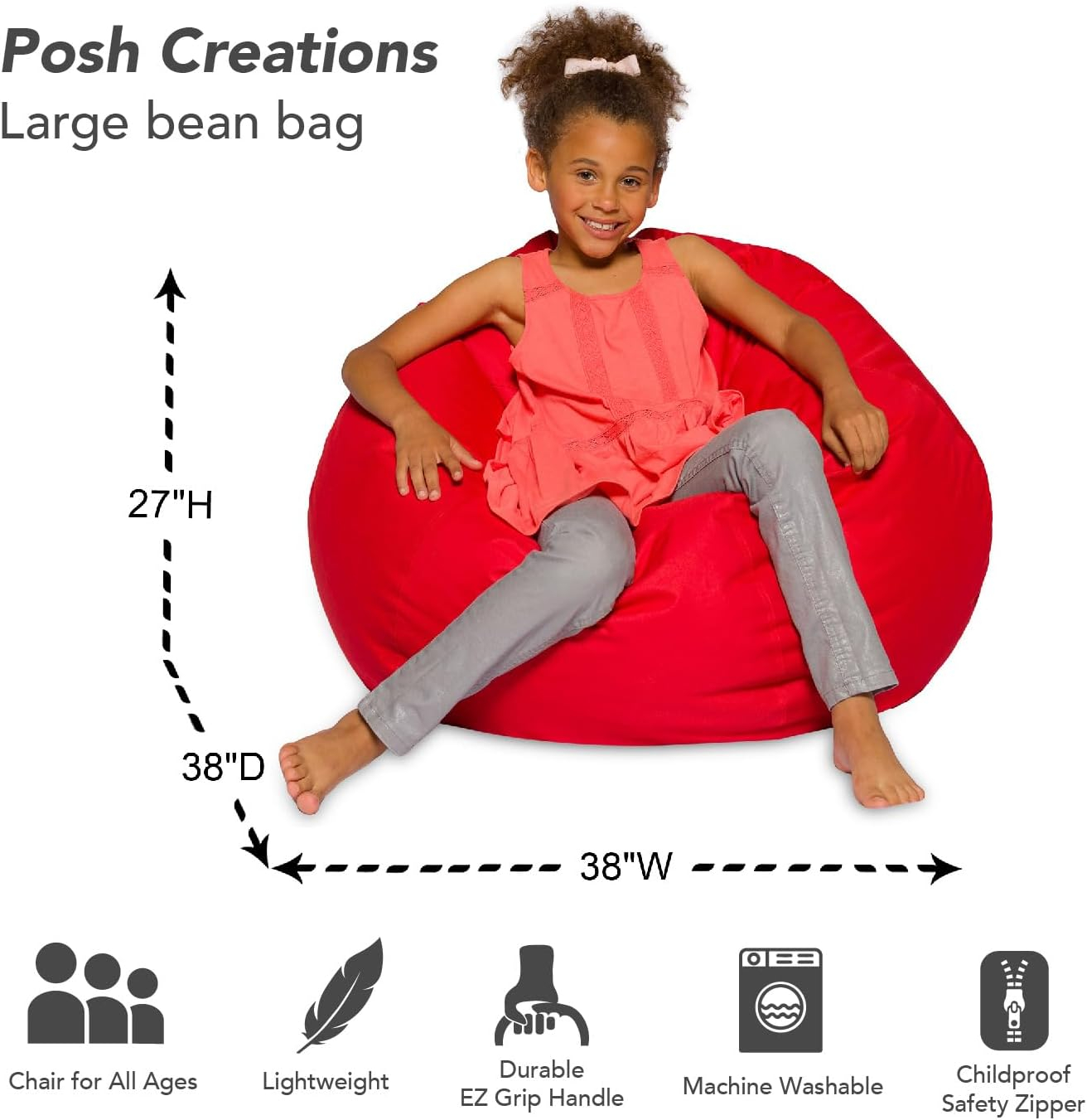 Large Red Polystyrene Bean Bag Chair with Removable Cover