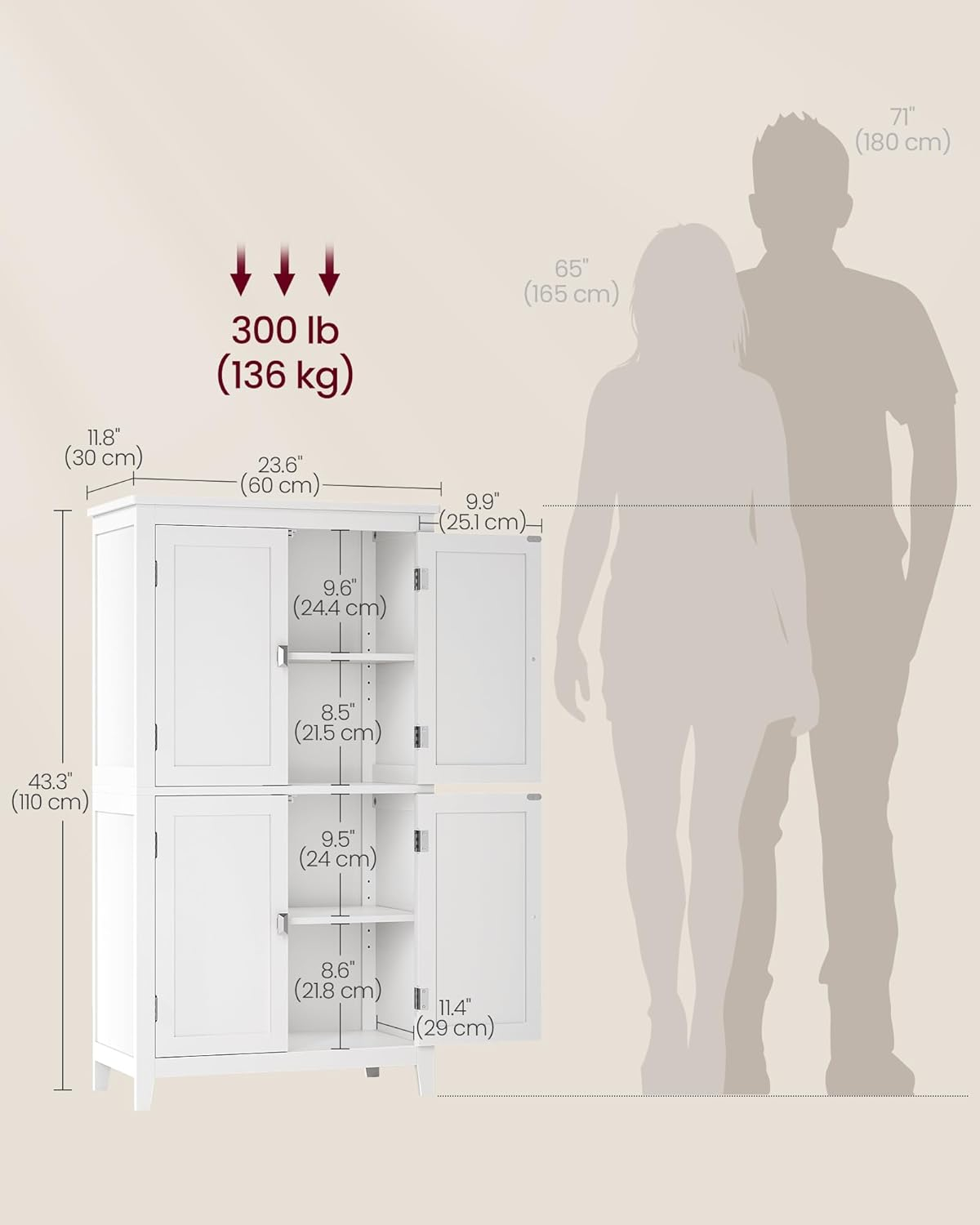 VASAGLE Bathroom Floor Storage Cabinet, Bathroom Storage Unit, Freestanding Cabinet with 4 Doors, Adjustable Shelves, 11.8 x 23.6 x 43.3 Inches, White UBBC552P31