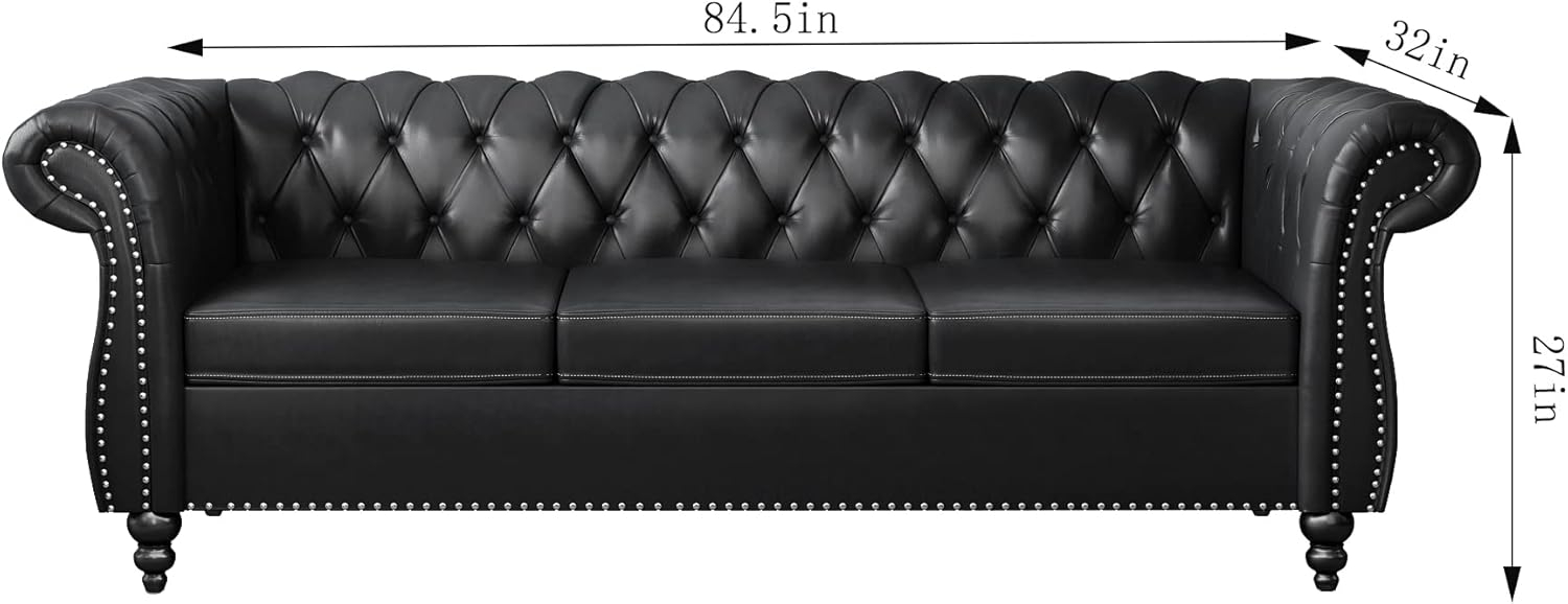 PU 3 Seater Sofa, Chesterfield Sofa Modern Tufted Couch 3 Seater Large Sofa with Scroll Arms and Nailhead for Living Room, Black PU