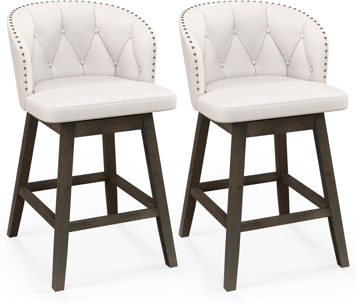 Costway 2 PCS Counter Height Bar Stools Fabric Upholstered Island Stools with 360° Swivel Seat Beige