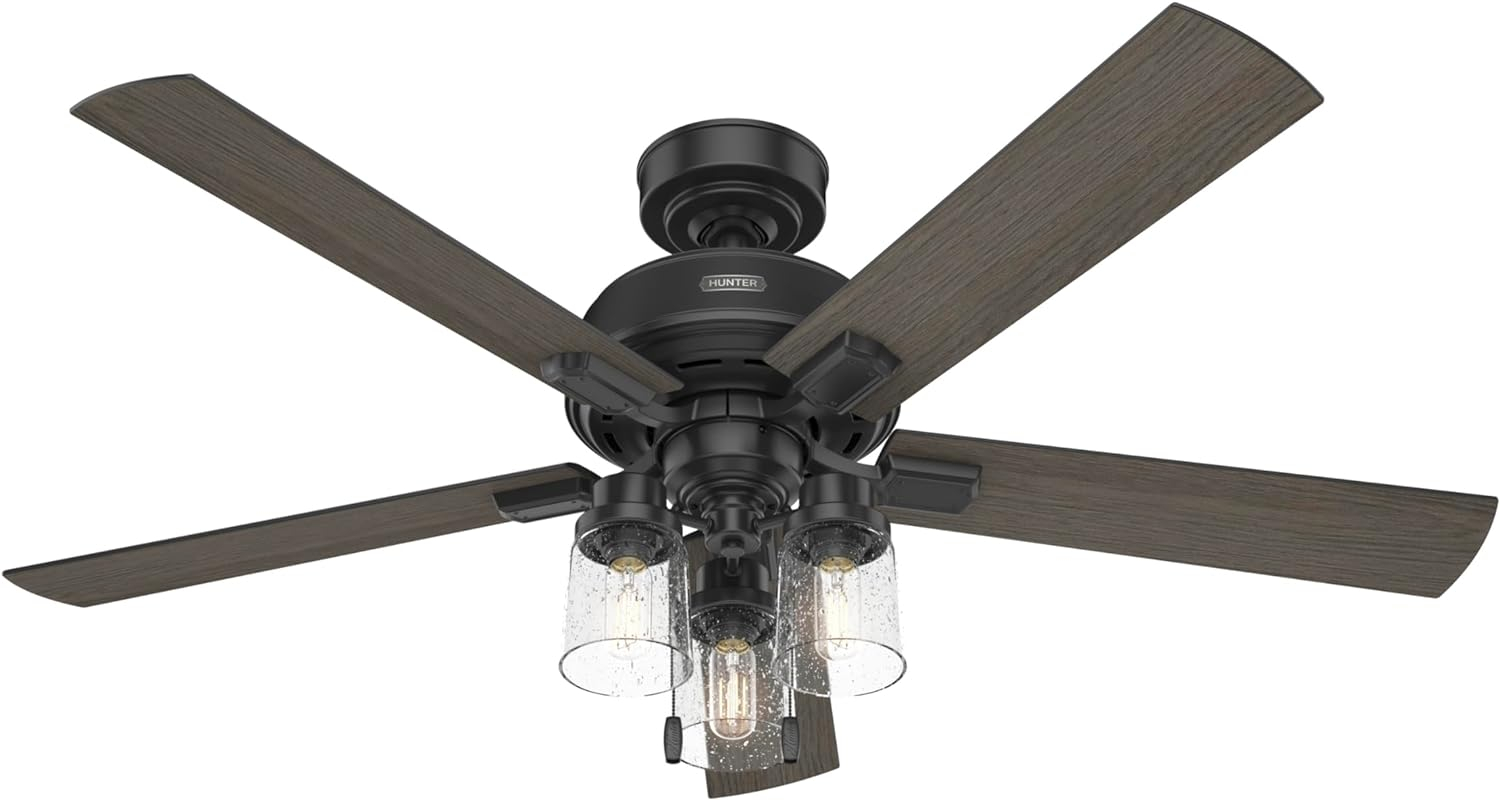 Hunter - Hartland Indoor Ceiling Fan With Light, 52-inch, Matte Black, Casual-style, 3-speed WhisperWind Motor, 51745, for living rooms, bedrooms, home offices, kitchens