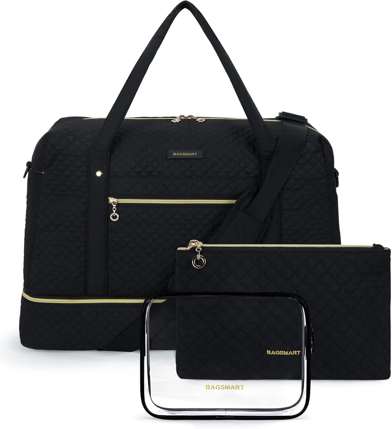 Travel Duffle Bag, BAGSMART 3 Pcs Set Weekender Overnight Bag for Women with Makeup Bag & Clear Toiletry Bag, Carry On Bag with Shoe Compartment for Travel, Business Trips(Black)