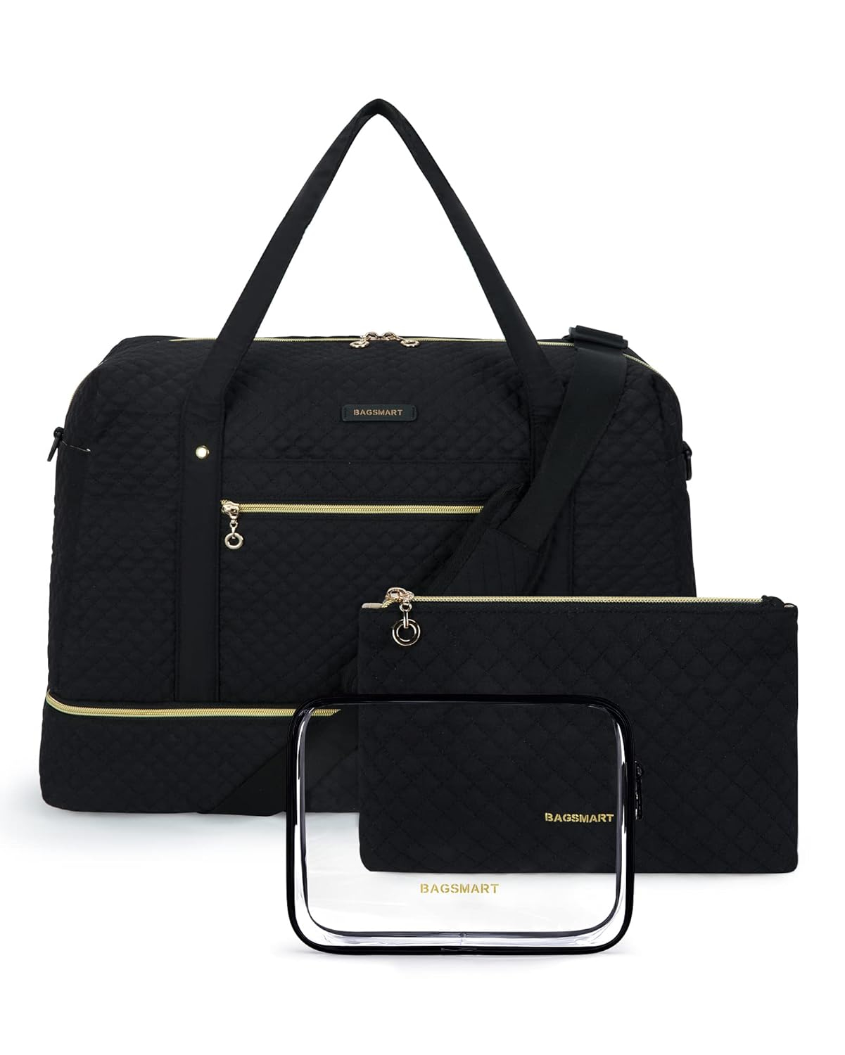 Travel Duffle Bag, BAGSMART 3 Pcs Set Weekender Overnight Bag for Women with Makeup Bag & Clear Toiletry Bag, Carry On Bag with Shoe Compartment for Travel, Business Trips(Black)