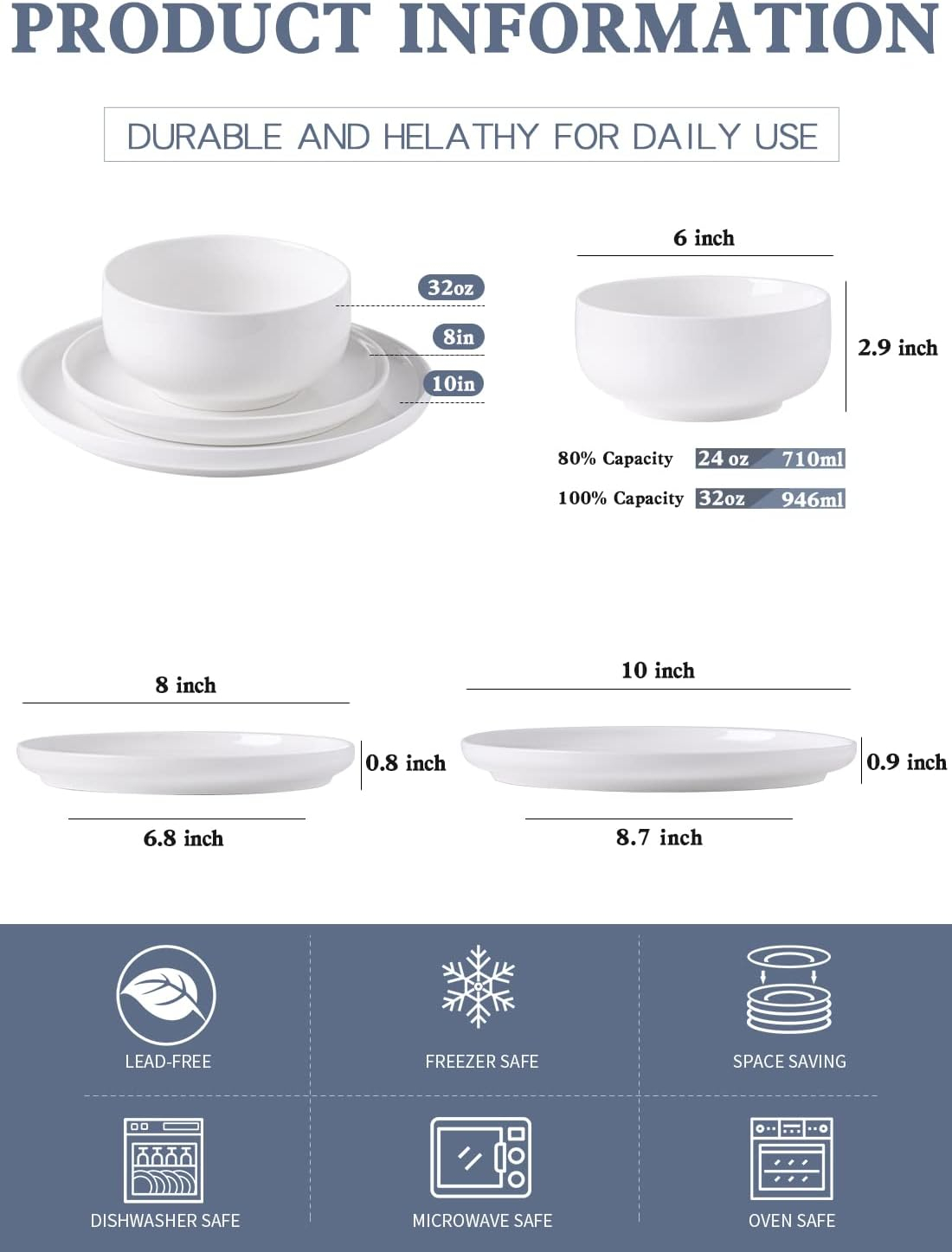 Plates and Bowls Sets, 12 Pieces Porcelain Dinnerware Sets Dishware Sets Chip Resistant Ceramic Dish Set Dining Dinner Ware Service for 4, White, Series LUNA
