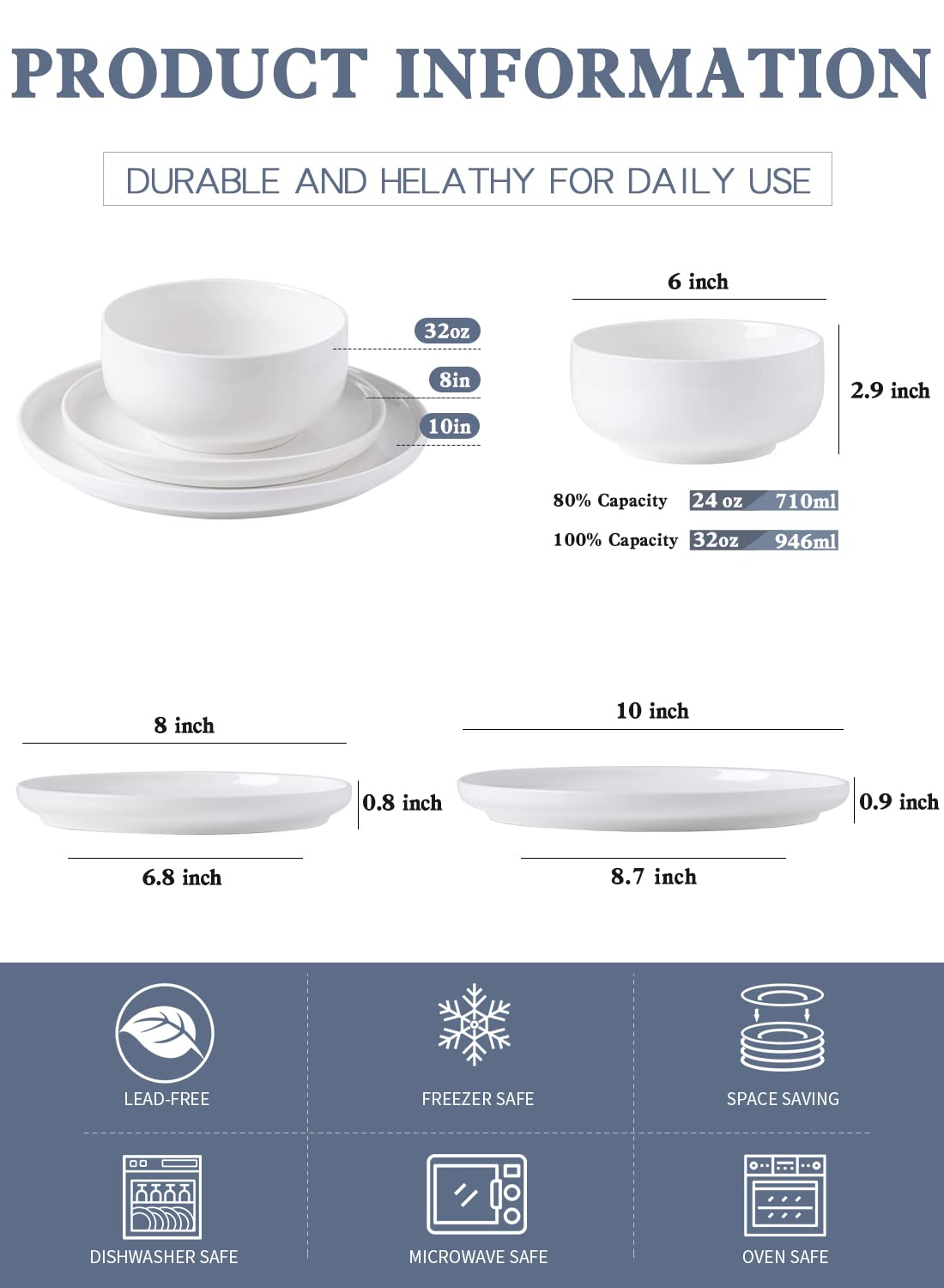 Plates and Bowls Sets, 12 Pieces Porcelain Dinnerware Sets Dishware Sets Chip Resistant Ceramic Dish Set Dining Dinner Ware Service for 4, White, Series LUNA
