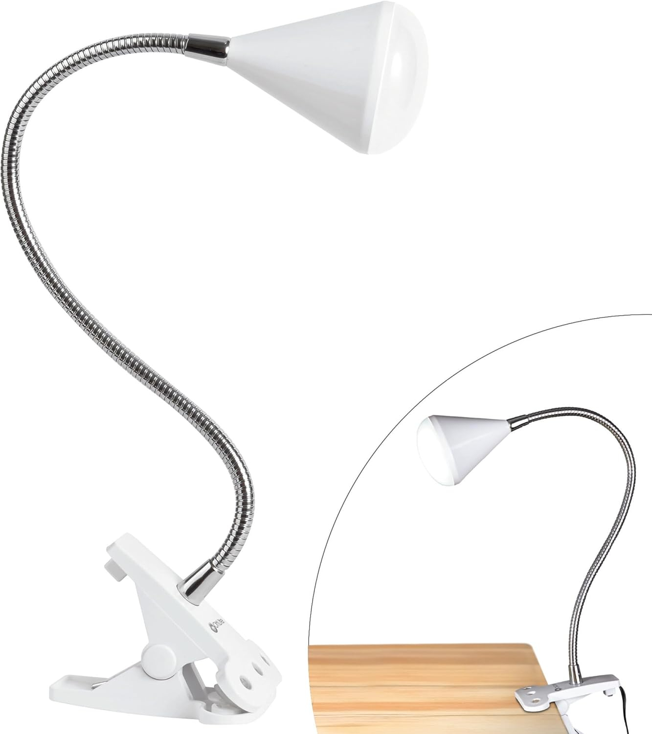 OttLite LED Cone Clip Lamp | Task Lamp, Desk Lamp | Sturdy Clip, Flexible Neck |  White and Silver