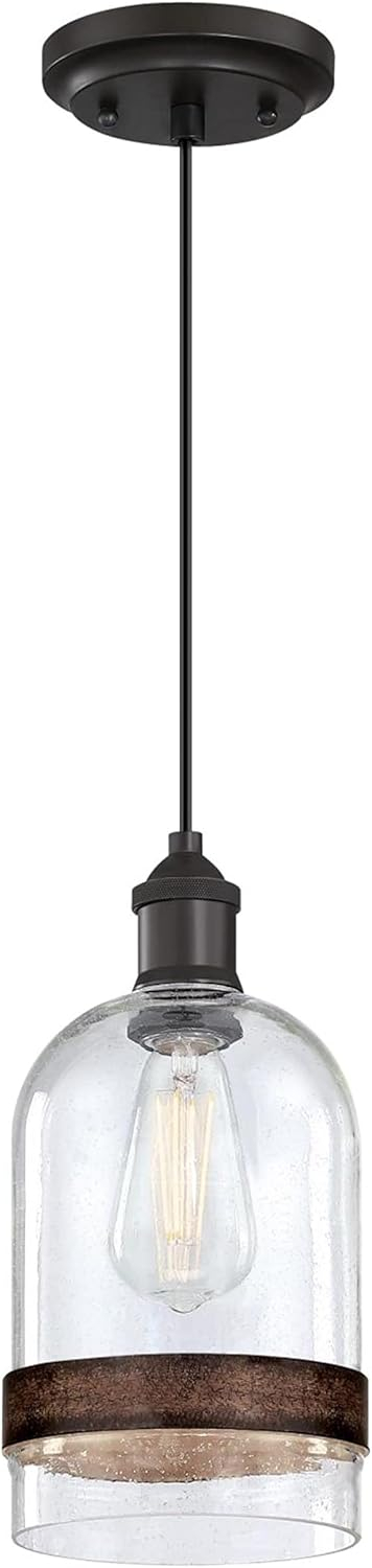 Westinghouse Lighting 6129800 Tarrant One Light Indoor Mini Pendant with Barnwood Band, Black-Bronze & Clear Seeded Glass