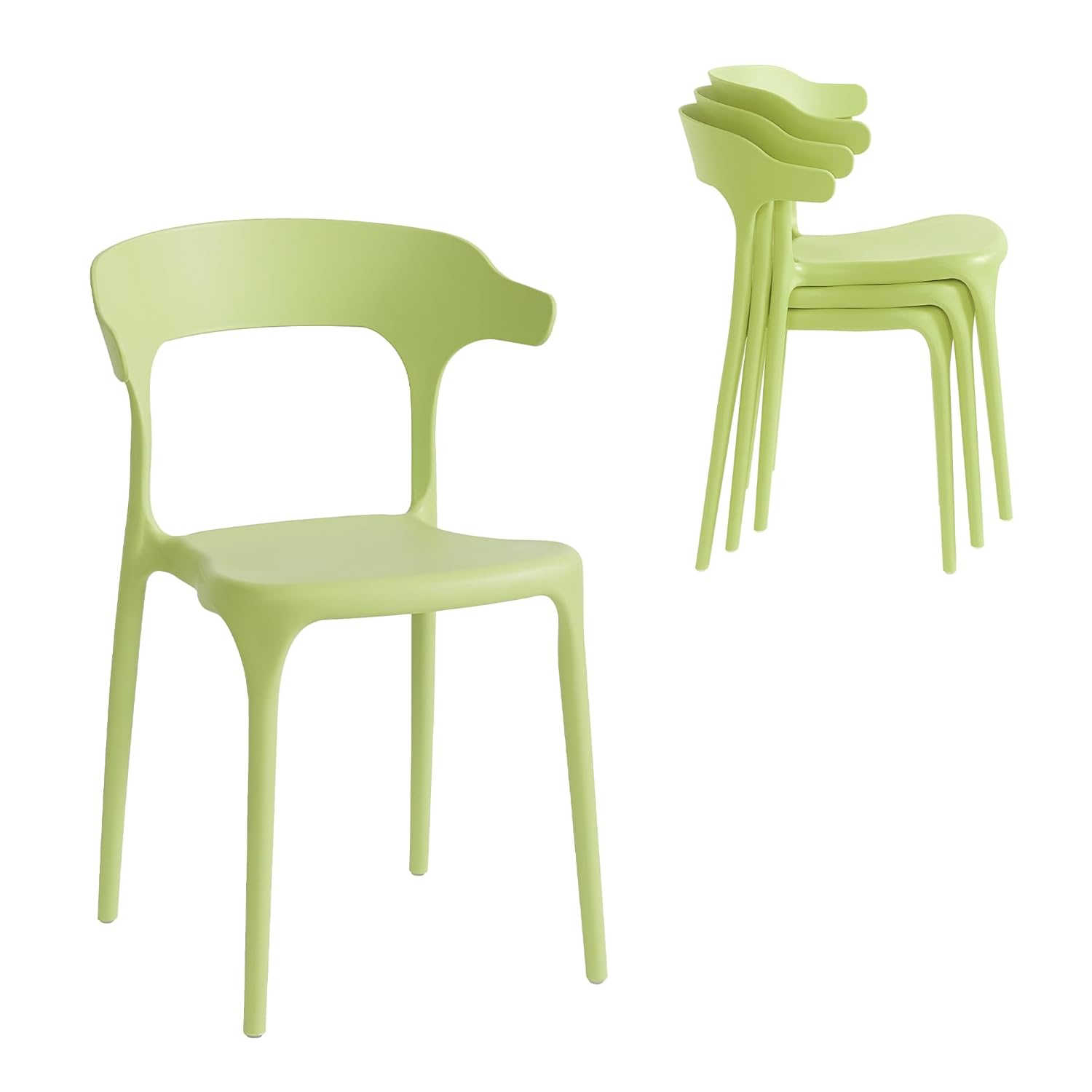 Modern Stackable Dining Chair Set, No Assembly, Plastic Chair, Patio Chair, Suitable for Indoor and Outdoor Cafes and Restaurants, Set of 4 (Pistachio Green)