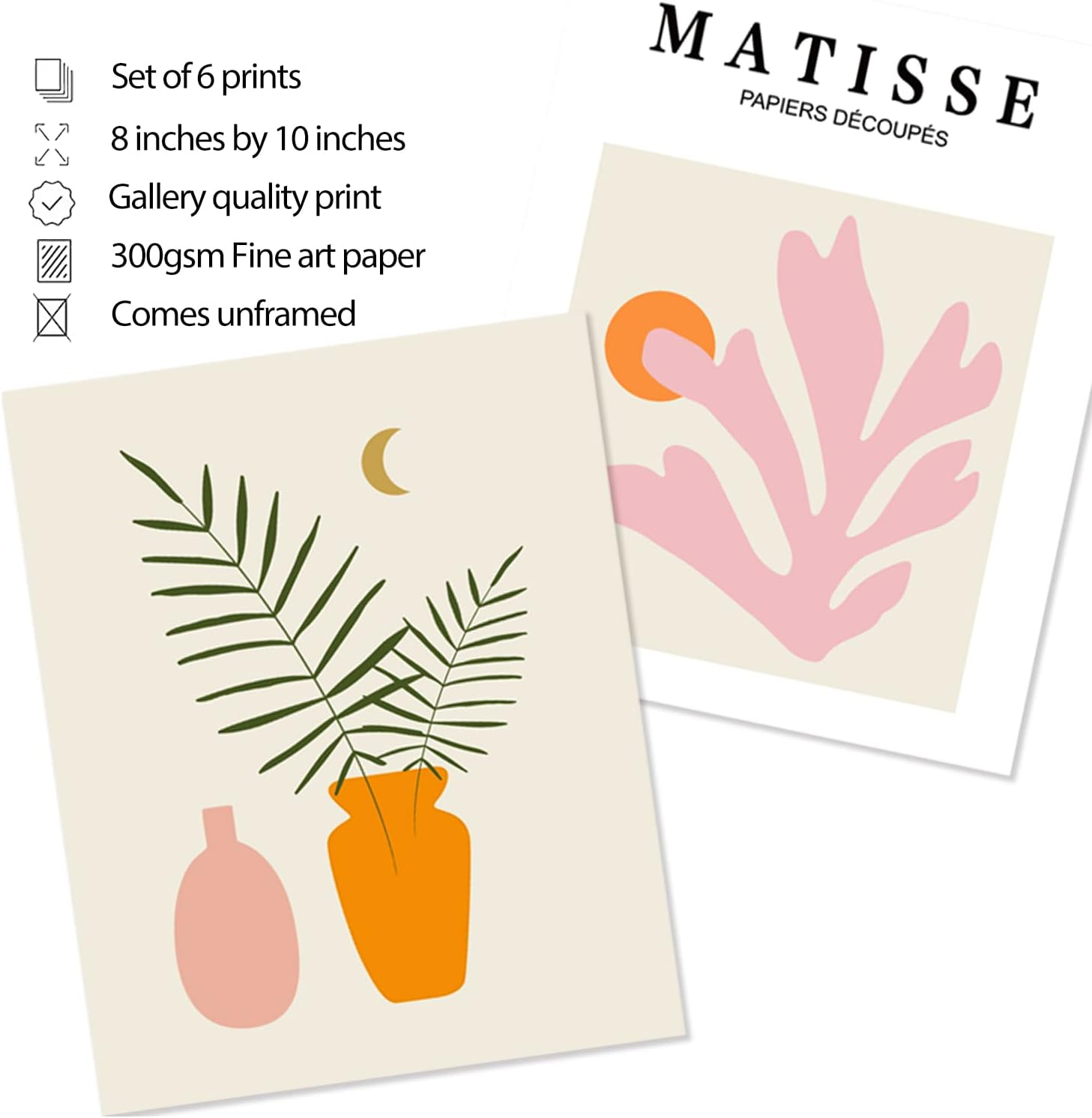 Matisse Wall Art and Boho Wall Prints UNFRAMED, Minimalist Aesthetic Images Decor, Pink Print Set, Orange Posters for Room, 8x10in, Set of 6