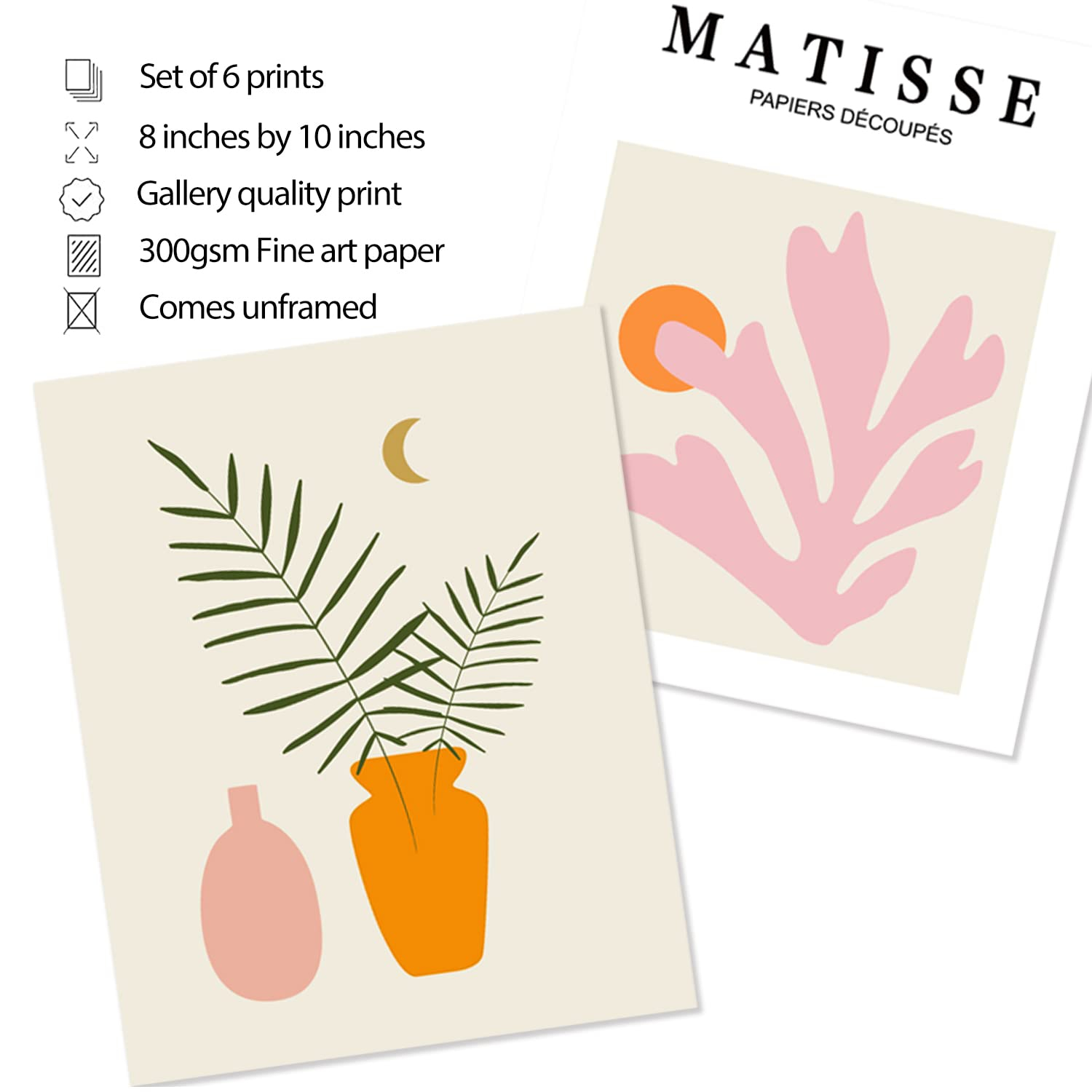 Matisse Wall Art and Boho Wall Prints UNFRAMED, Minimalist Aesthetic Images Decor, Pink Print Set, Orange Posters for Room, 8x10in, Set of 6