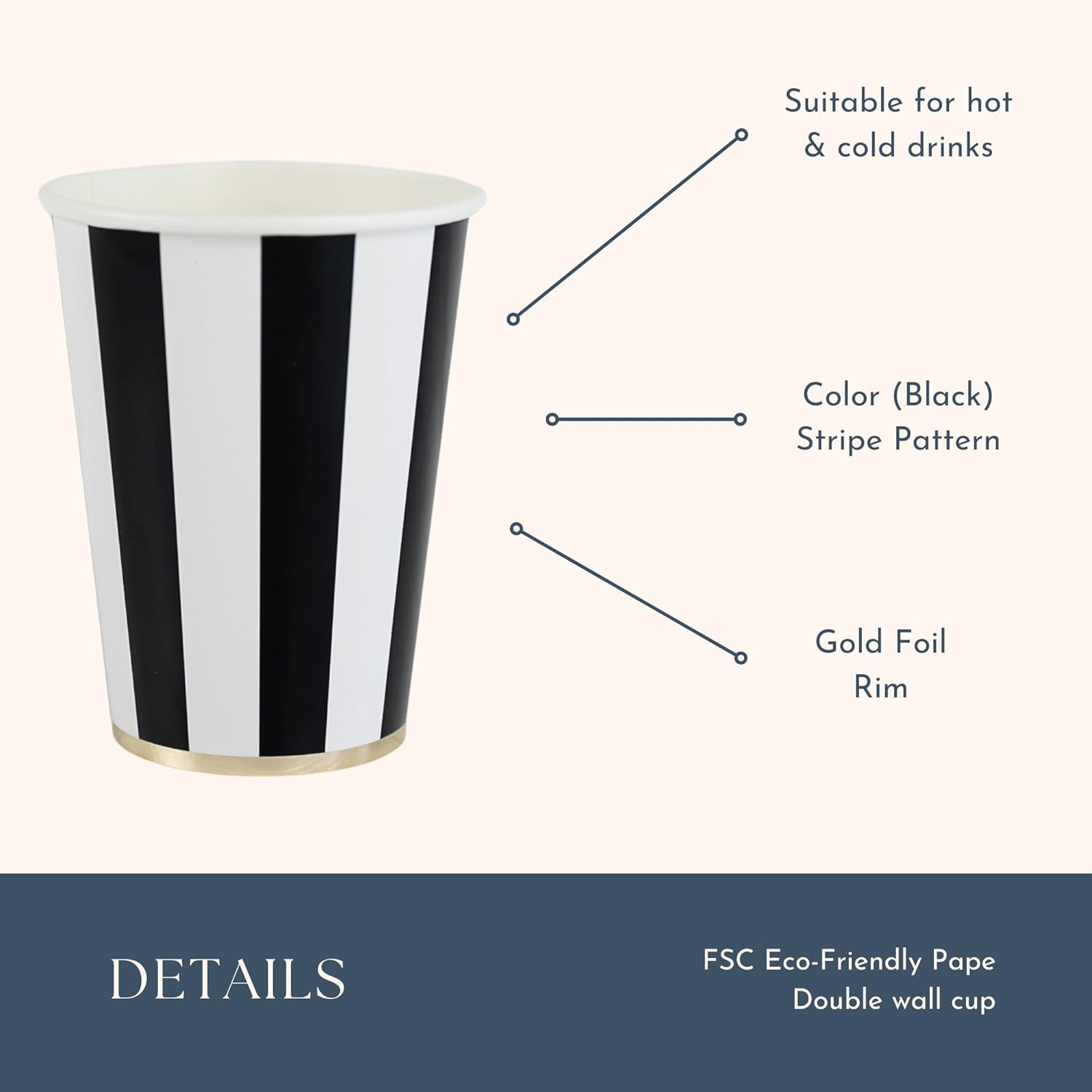 Black and White Striped Paper Cups with Gold Trim, 12oz