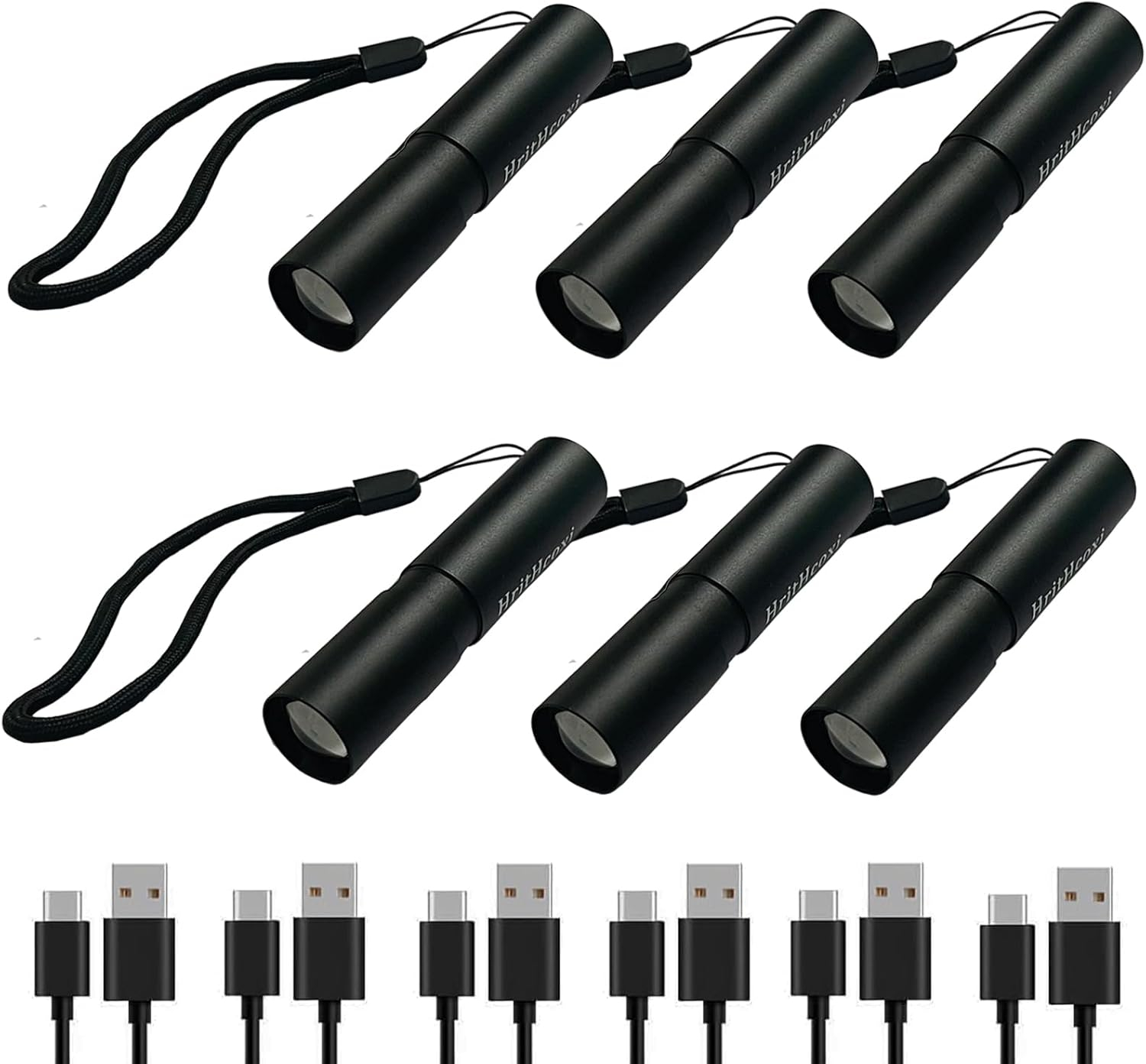 Rechargeable Mini LED Flashlights, 6pcs High Brightness Flash Light with Lithium Battery 3 Mode XPE 1200 Lumen Waterproof Zoomable Torch with USB Cable for Camping, Hiking, Riding, etc