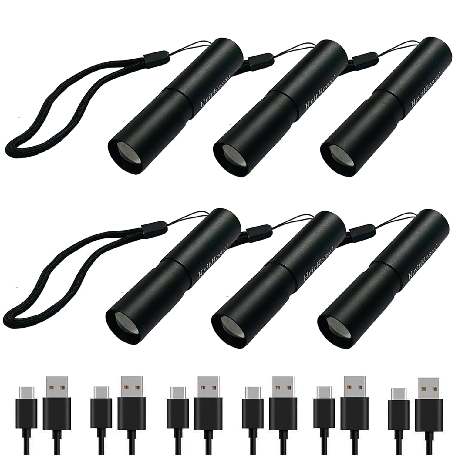 Rechargeable Mini LED Flashlights, 6pcs High Brightness Flash Light with Lithium Battery 3 Mode XPE 1200 Lumen Waterproof Zoomable Torch with USB Cable for Camping, Hiking, Riding, etc