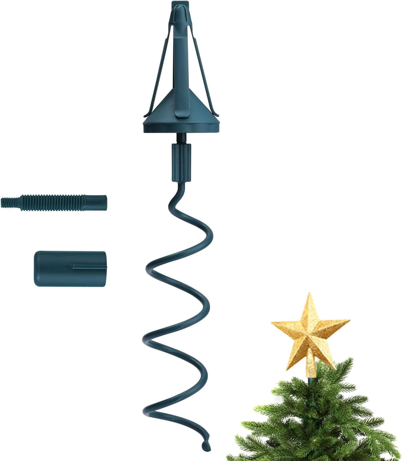 [Christmas Tree Topper Holder] - Twist-on Holiday Universal Tree Topper Stabilizer Fits All Base Types- Metal Green Support Rod with Adjustable attachments to stabilize Seasonal Treetop Ornaments
