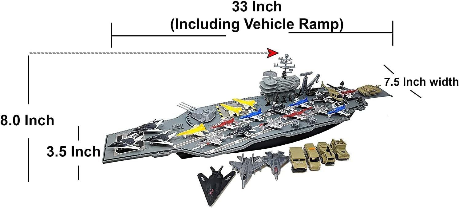 33-Inch Black Aircraft Carrier Toy with Assorted Military Vehicles