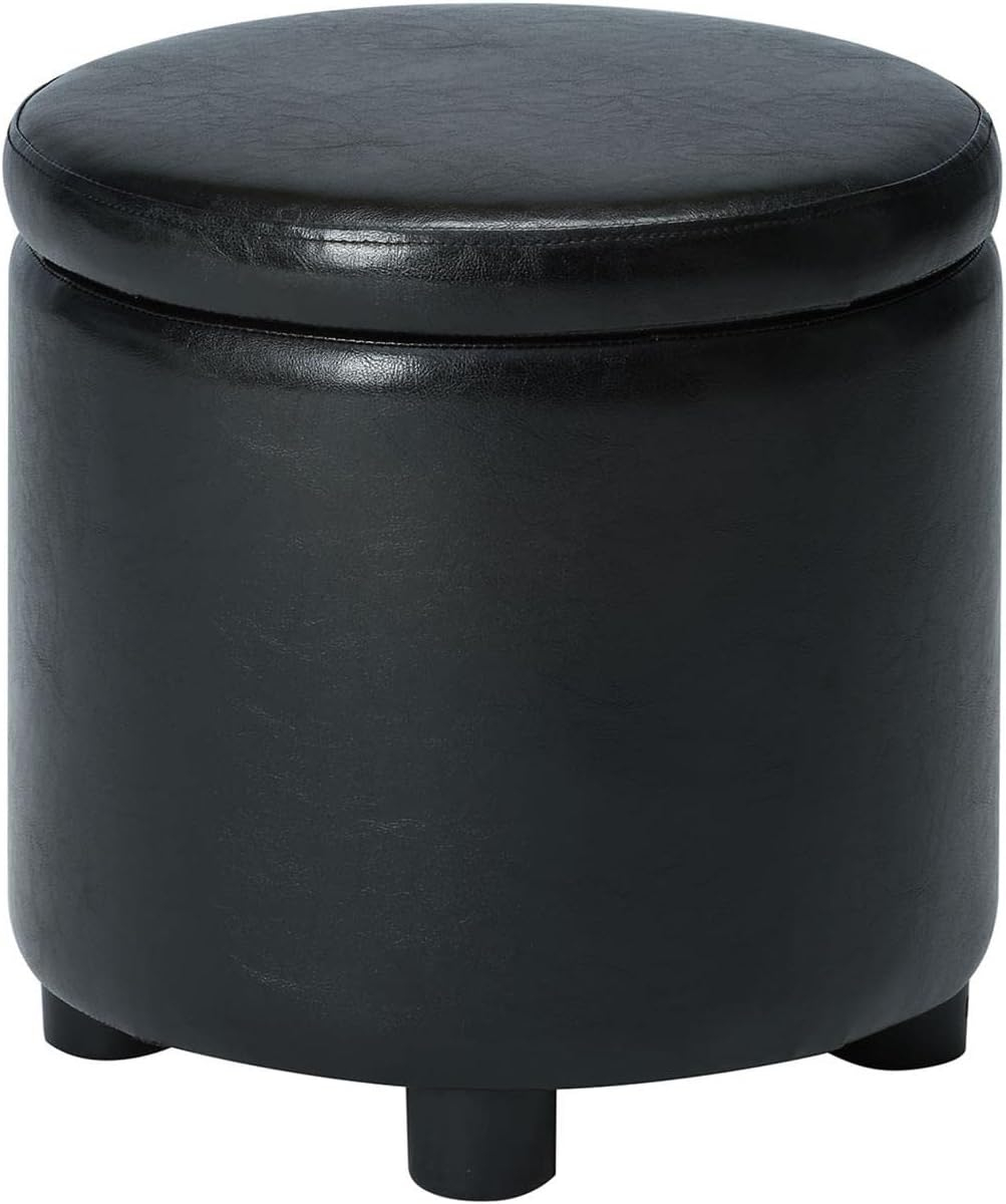 16" Round Black Faux Leather Ottoman with Reversible Tray