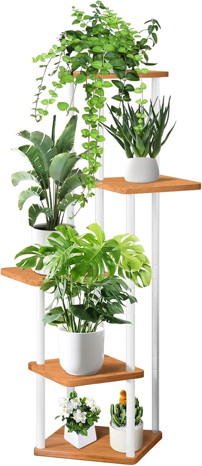 5 Tier Wood Tall Plant Stand Metal Rack Indoor, Multiple Flower Pot Holder Shelves Corner Rack, Planter Shelf Display Rack Storage Organizer for Patio Living Room Balcony Garden(White)