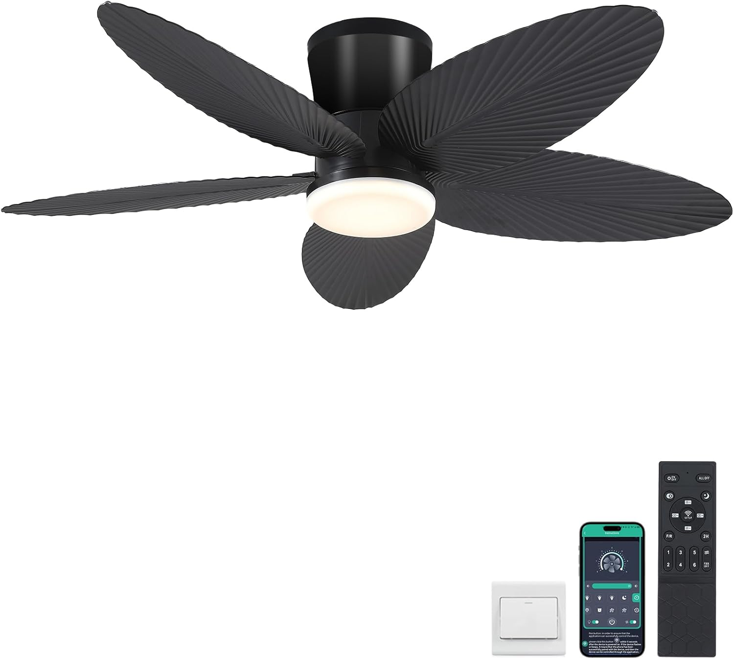 Palm Leaf Ceiling Fans with Lights-42 Tropical Ceiling Fan with Light and Remote/APP Control,Flush Mount Low Profile Black Ceiling Fans for Bedroom,Indoor/Outdoor Patio Use