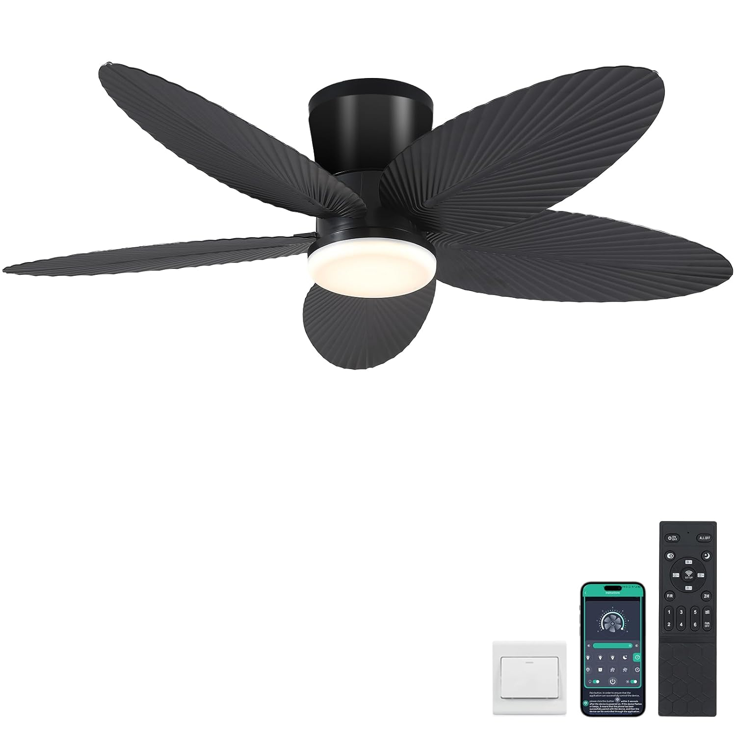 Palm Leaf Ceiling Fans with Lights-42 Tropical Ceiling Fan with Light and Remote/APP Control,Flush Mount Low Profile Black Ceiling Fans for Bedroom,Indoor/Outdoor Patio Use