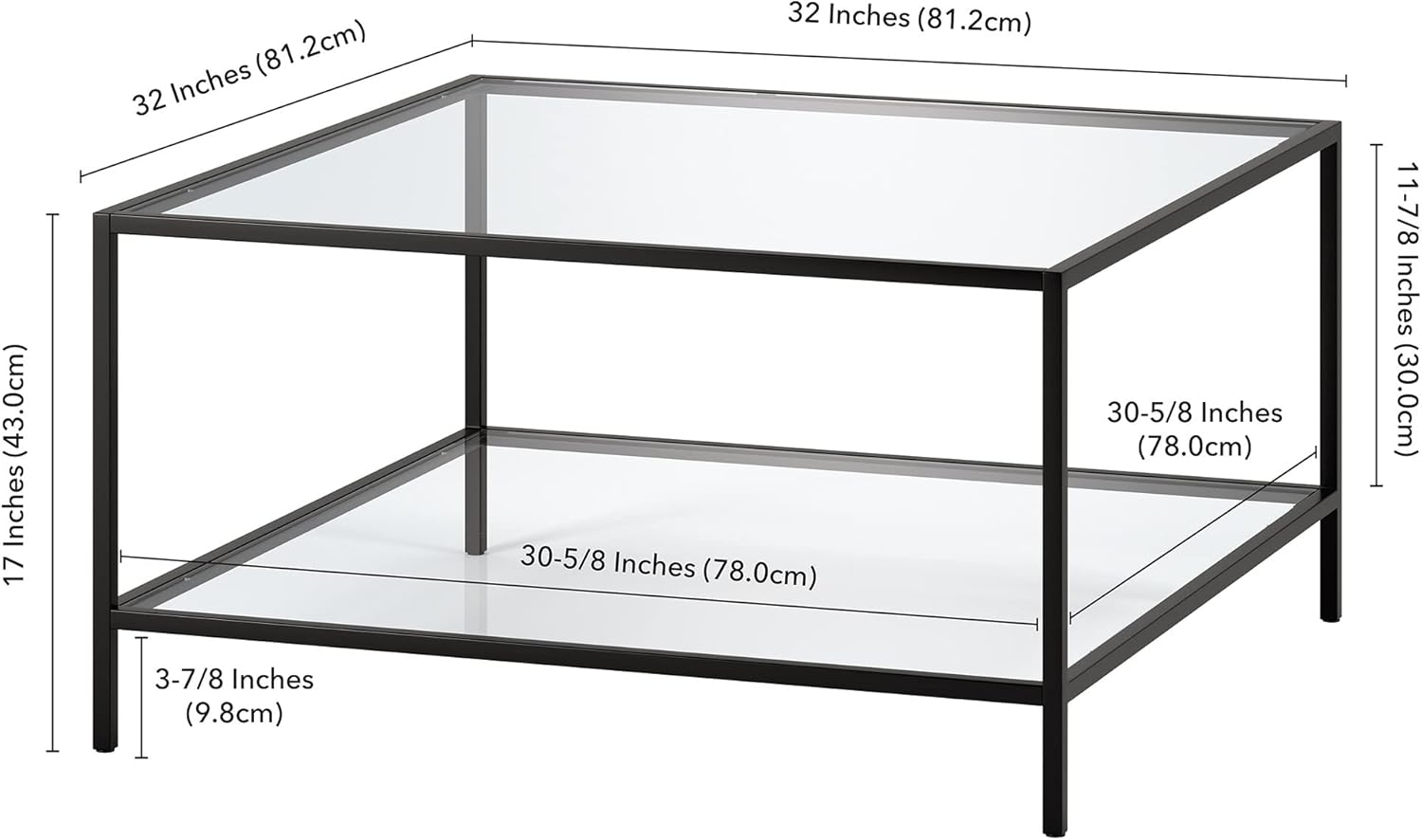 Henn&Hart 32" Square Blackened Bronze Coffee Table with Glass Shelf