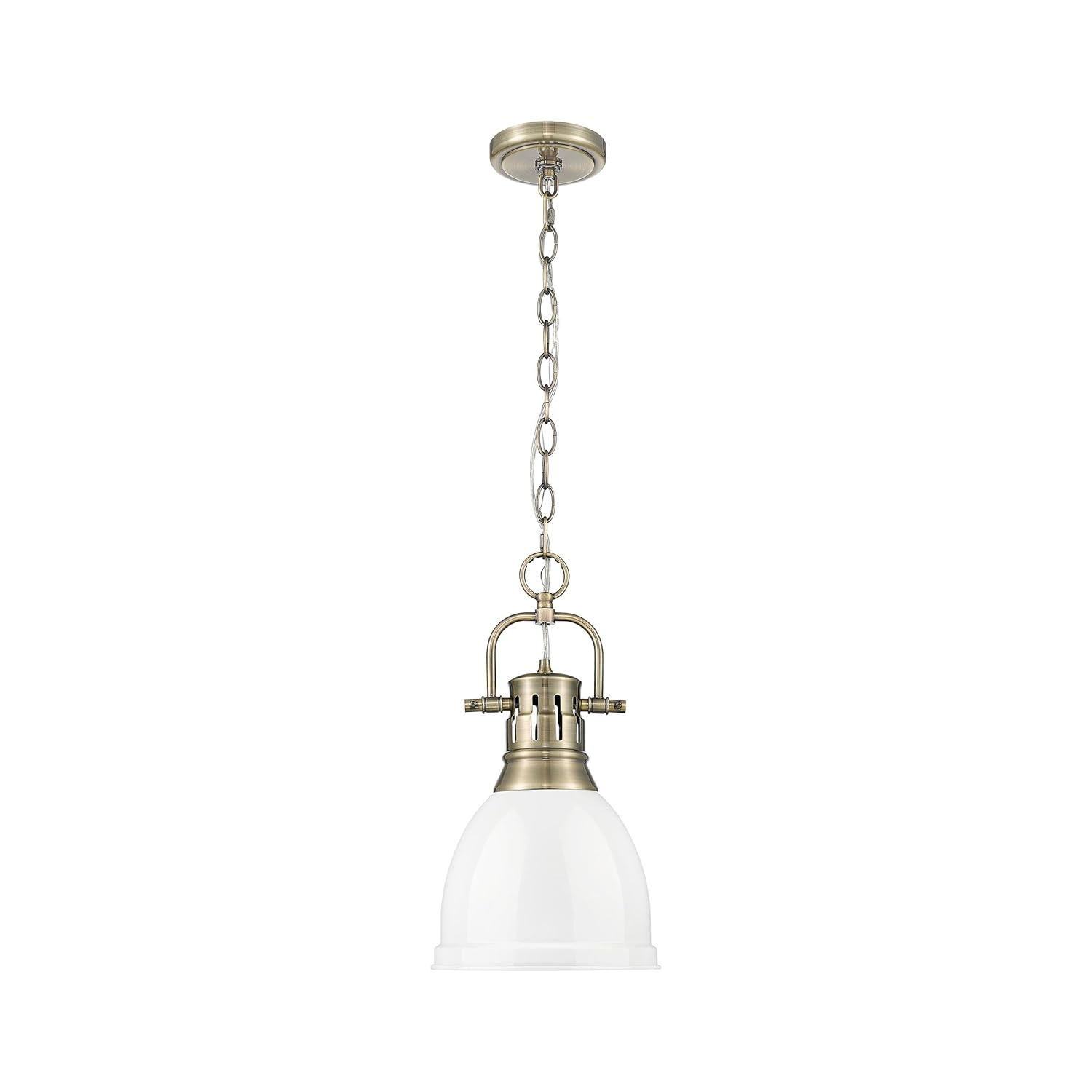 Golden Lighting Duncan 1-Light Small Pendant with Chain in Aged Brass with White