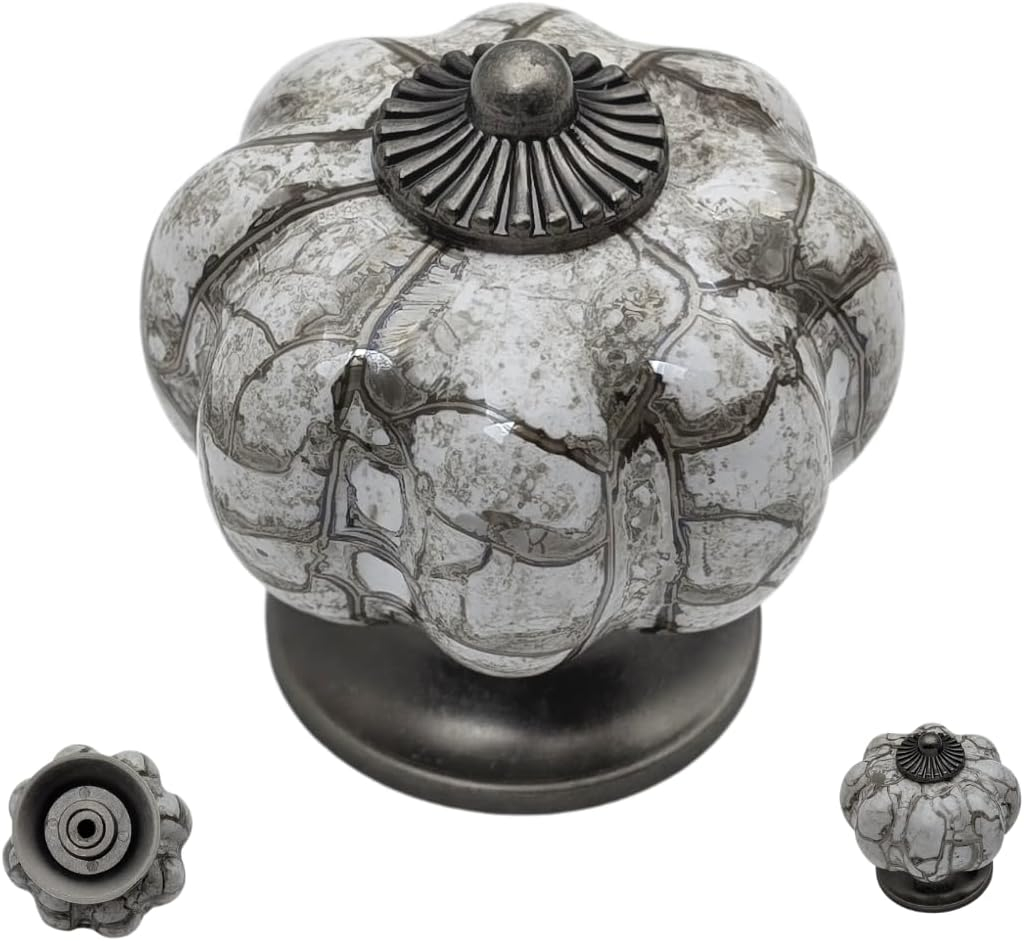 10 pcs Antique Silver Gray Ceramic Pumpkin Cabinet Knobs with Solid Metal Core for Cabinets, Drawers, Dressers, Closets