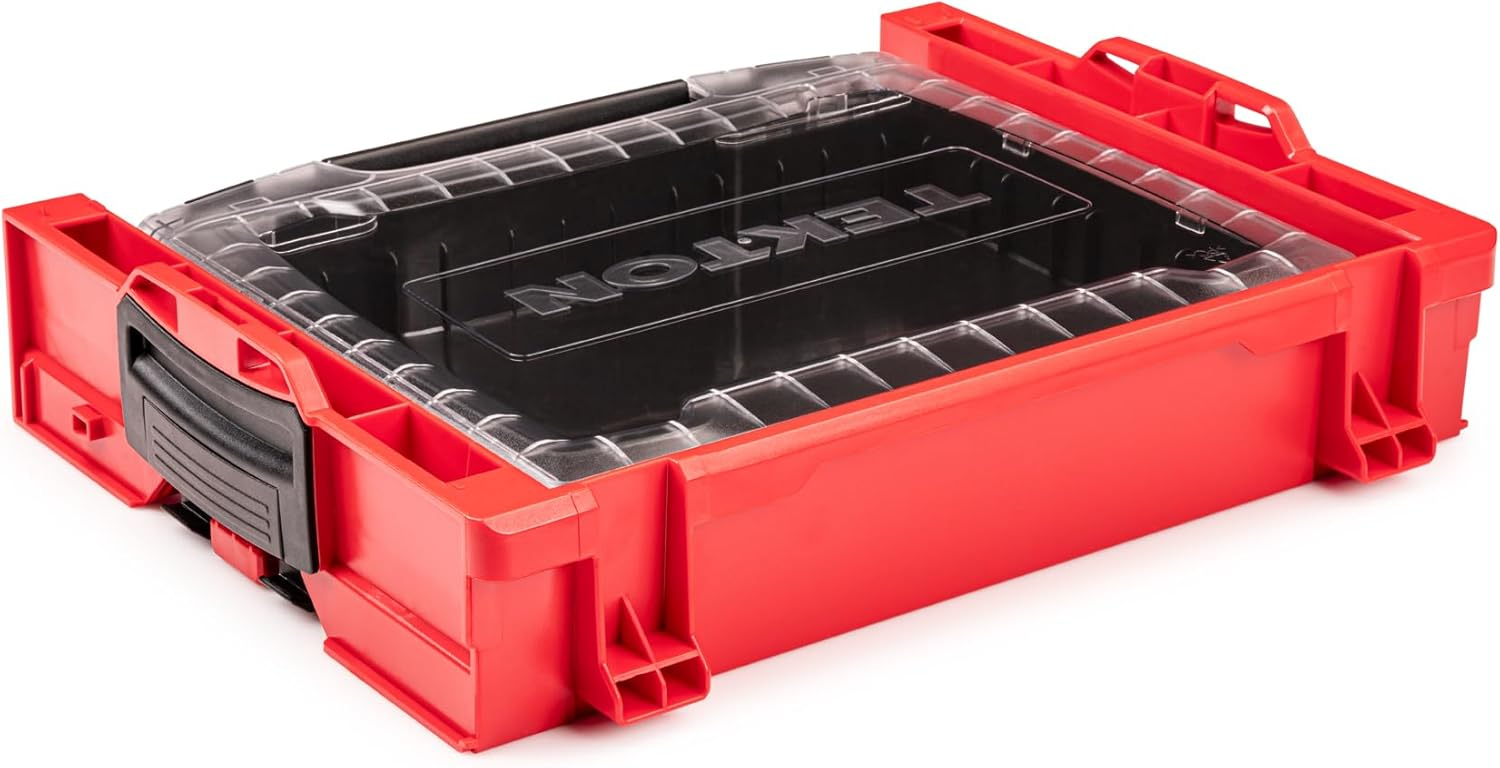Red and Black Plastic Stacking Tool Box with Clear Lid