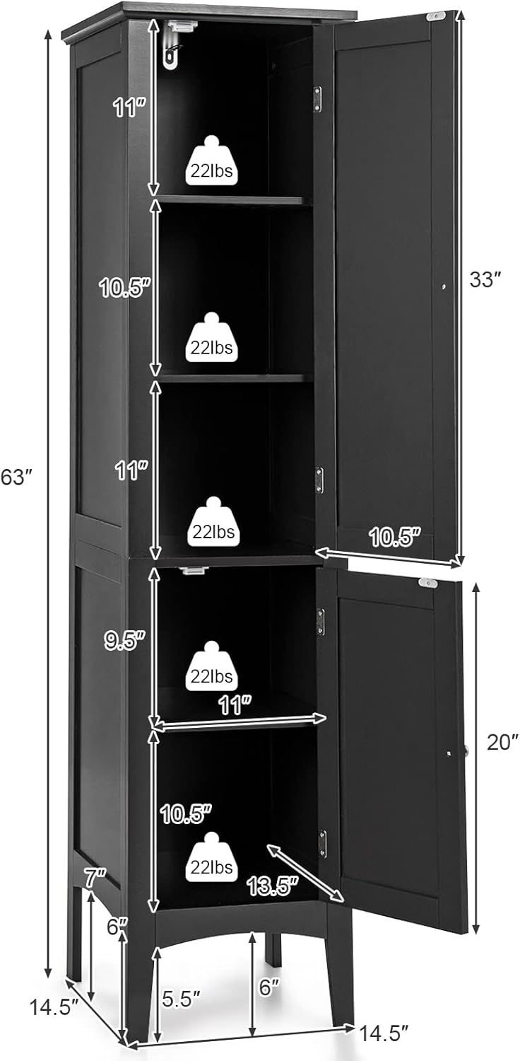 5 Tier  Freestanding Tower Cabinet Tall Bathroom Storage Cabinet Black