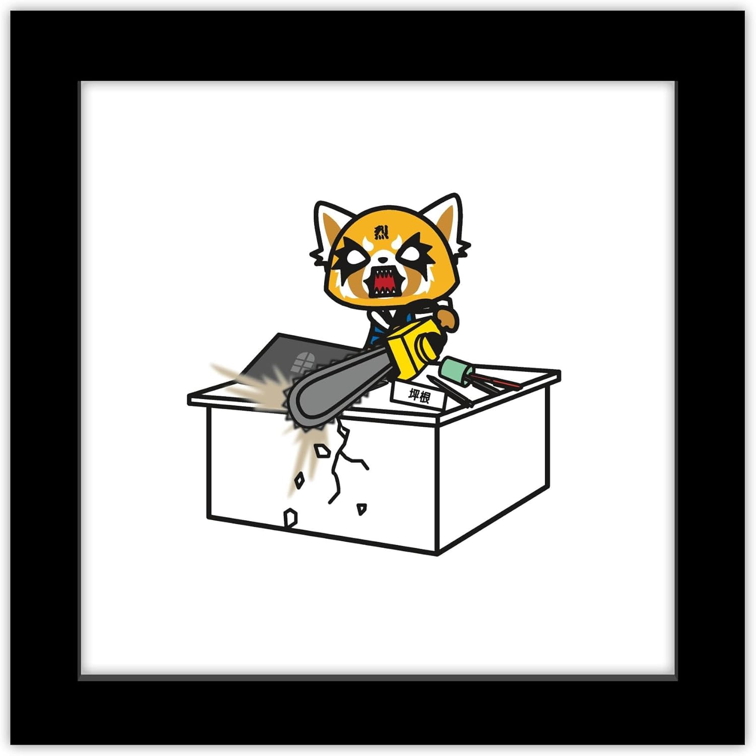 Gallery Pops Sanrio Aggretsuko - Retsuko Desk Chainsaw Wall Art, Black Framed Version, 12" x 12"