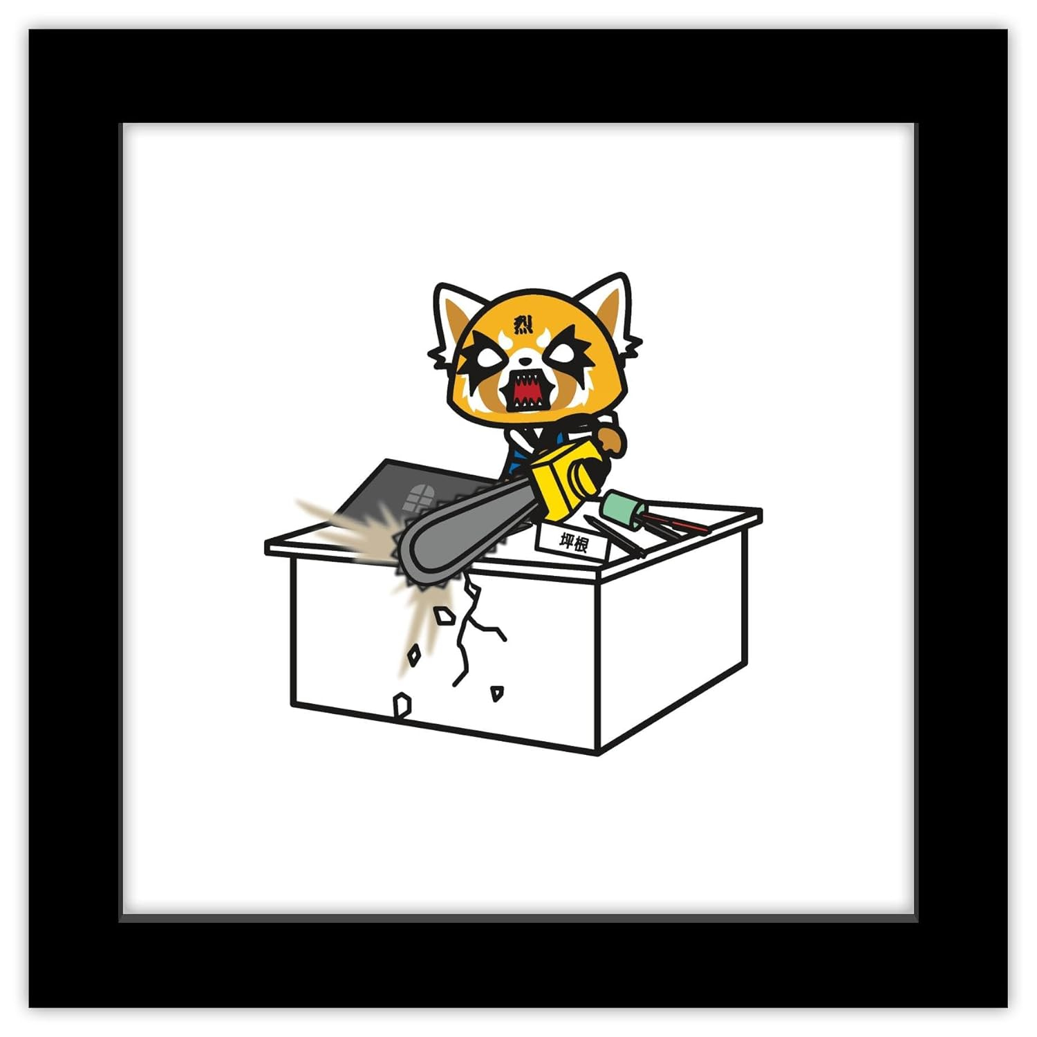 Gallery Pops Sanrio Aggretsuko - Retsuko Desk Chainsaw Wall Art, Black Framed Version, 12" x 12"