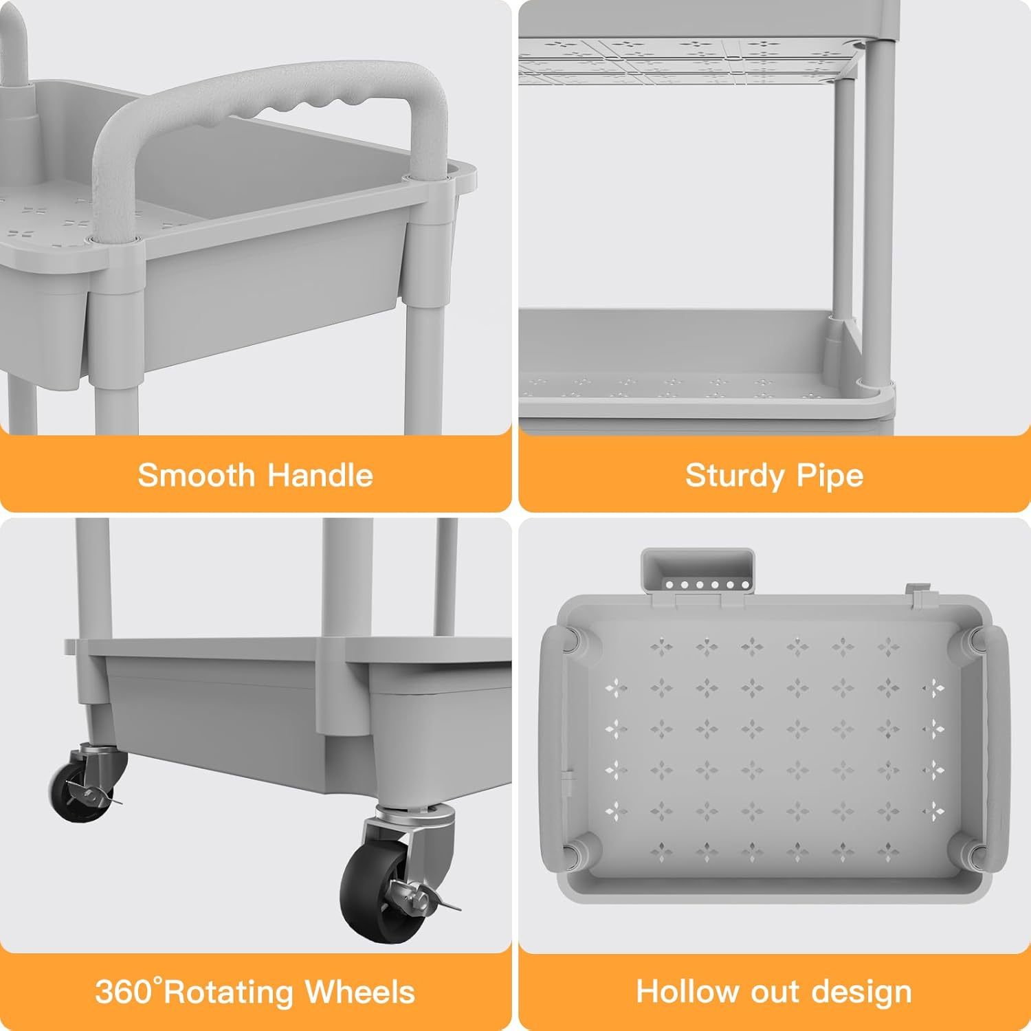3 Tier Rolling Utility Cart with Handle,REBECAT Utility Cart Made of Multifunctional Storage Organizer Tool for Kitchen,Bathroom,Living Room,Office(Gray)