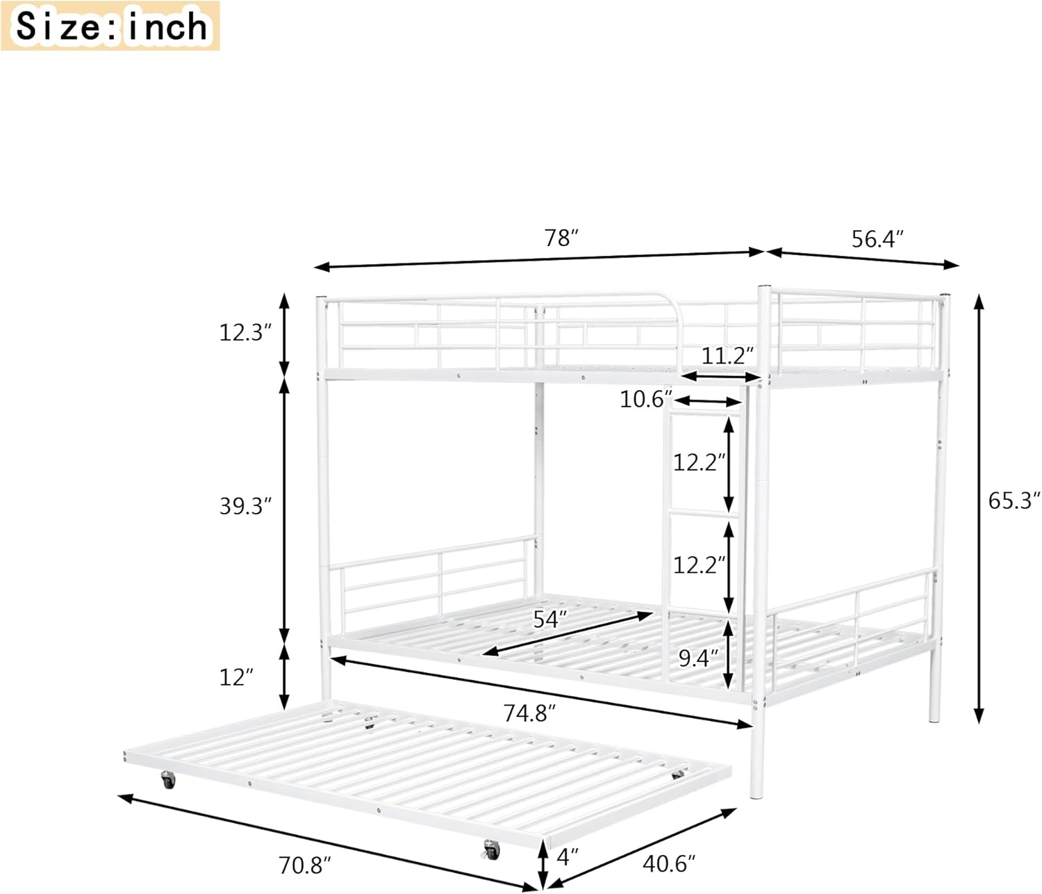Harper & Bright Designs Full Over Full Metal Bunk Bed with Trundle, Ladder & High Guardrail, Able to Split, Noise Free, Heavy-Duty Steel Loft Bed Frame with Safety Rail for Bedroom, Dorm (White)