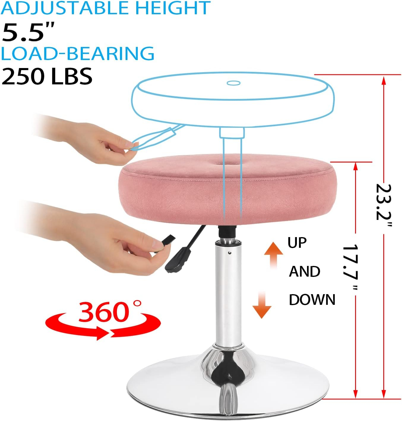 Adeco Modern Round Pink Vanity Stool Chair for Makeup Room, Height Adjustable 360 Swivel Foot Stools Piano Stool with Chromed Metal Base for Living Room, Bathroom, Office