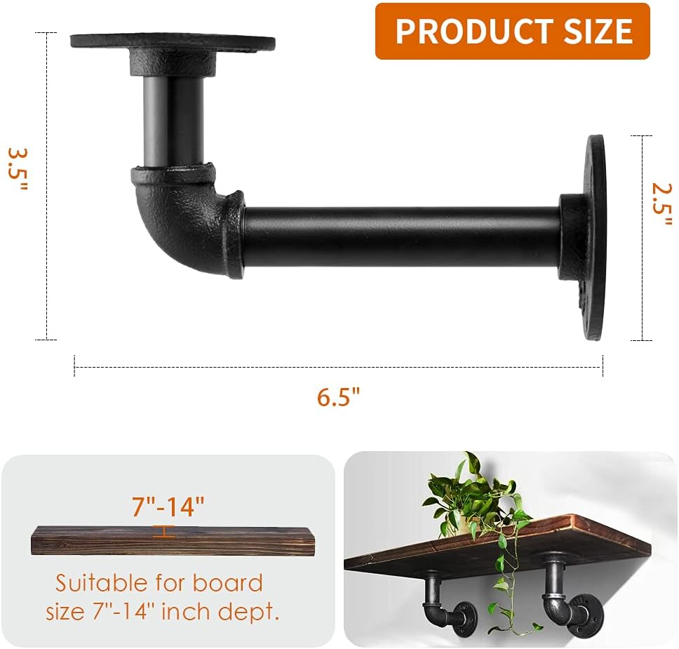 Industrial Pipe Shelf Brackets for 8 10 12 14 inches Board, Iron L Pipe Floating Shelves, Heavy Duty Metal Shelving Brackets - 6 Pack Black